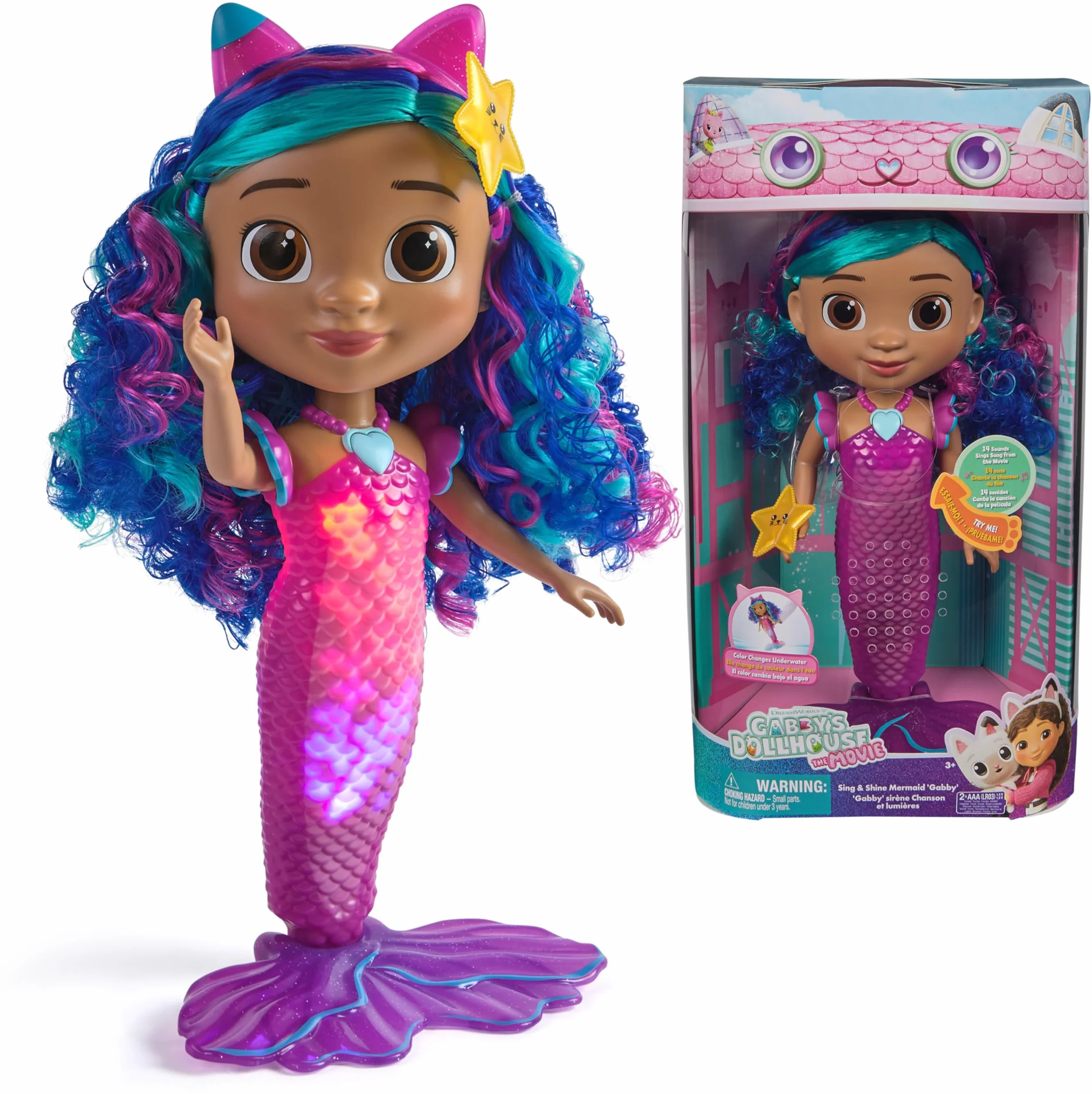 La Casa de Muñecas de Gabby - Muñeca Interactiva Gabby Sirena Canta y Brilla de la Película, con Luces y 14 Sonidos, Resistente al Agua y con Cola Que Cambia de Color - Regalo Niña 3 años +