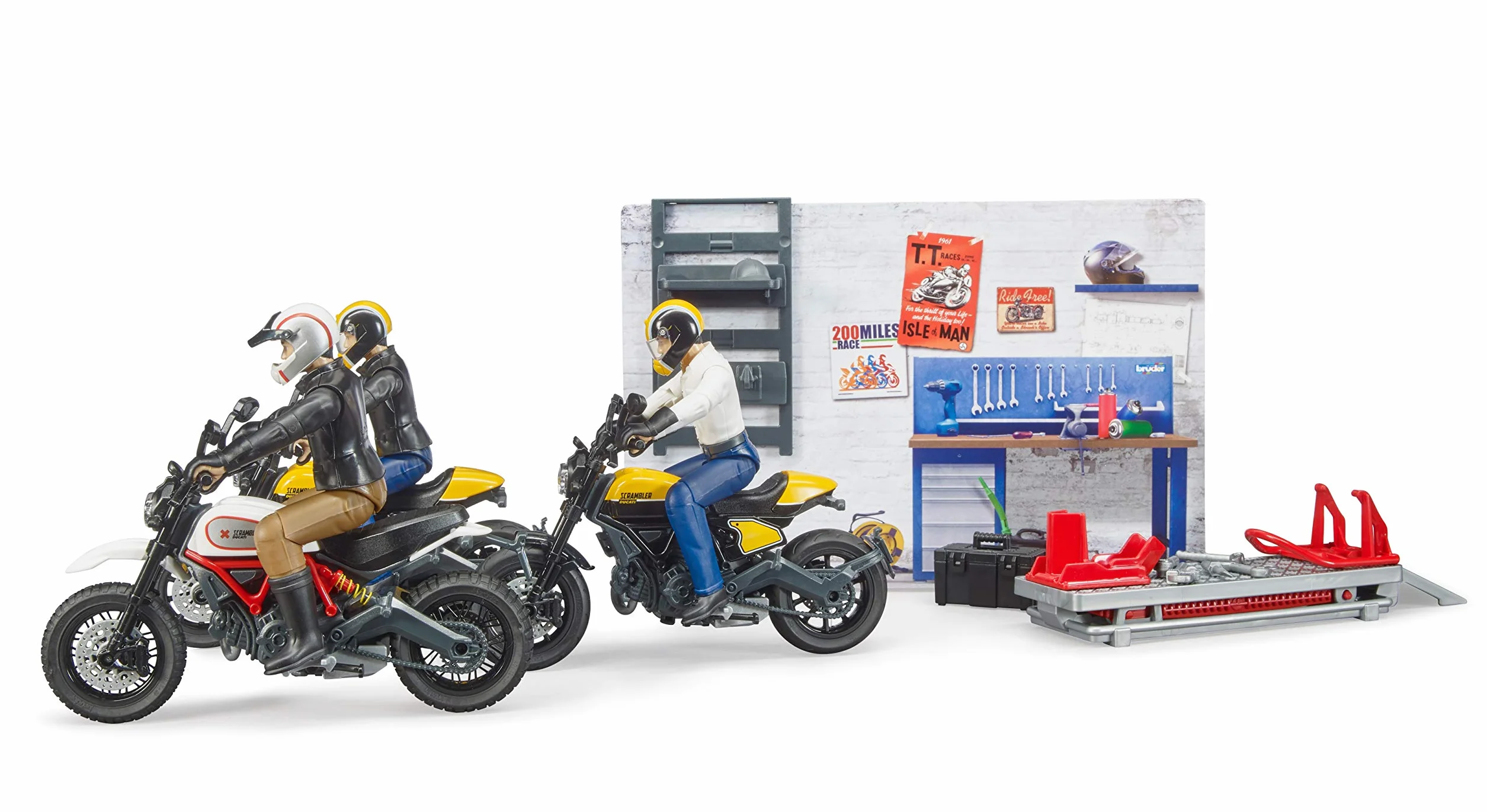 bruder 62102 - bworld taller de motos Scrambler Ducati Full Throttle con mecánico,taller, figura de juguete