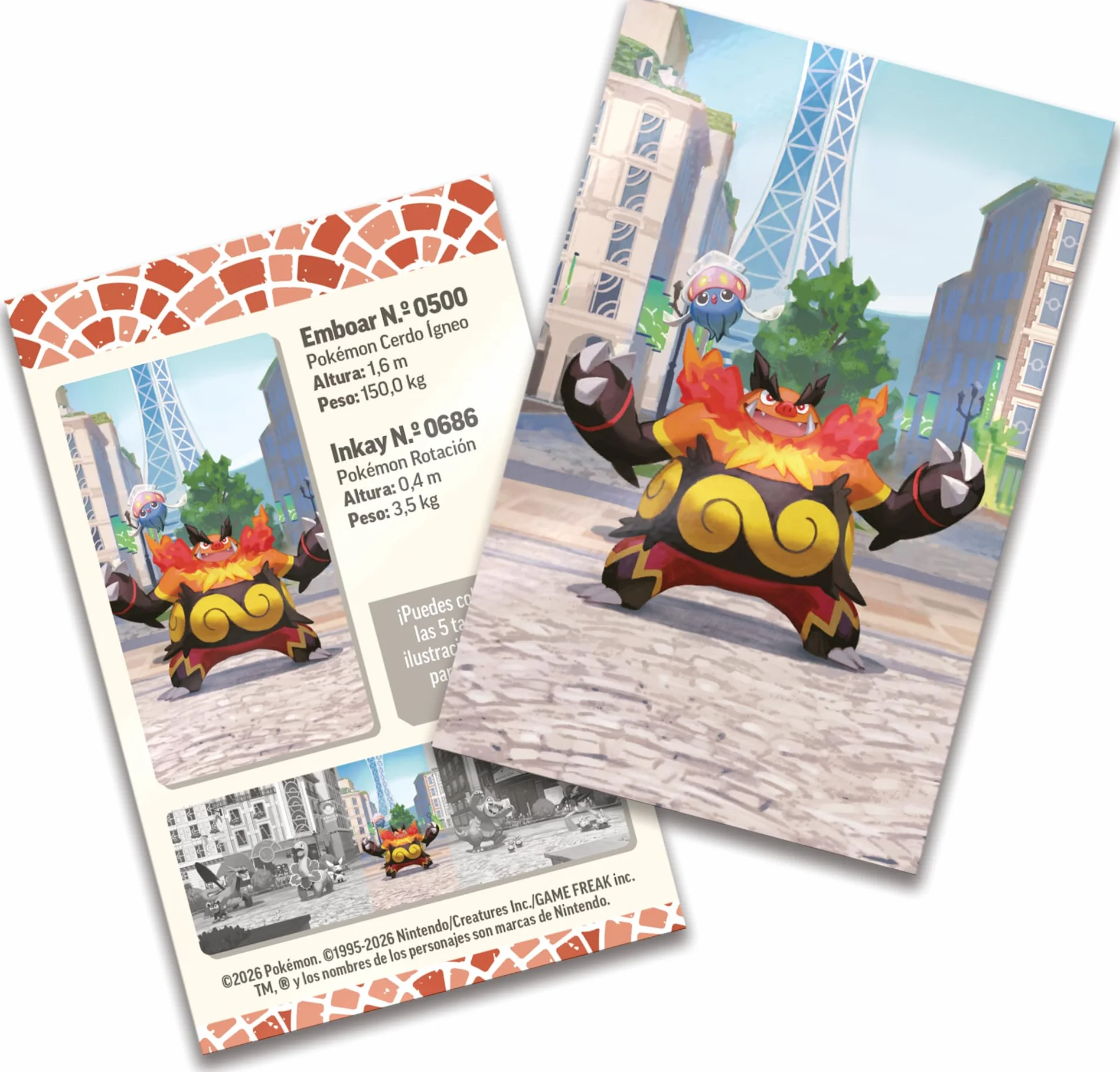 Pokémon JCC Minilata Ciudad Luminalia: Emboar e Inkay con 2 Sobres de Mejora, 1 Tarjeta Ilustrada y 1 Pegatina