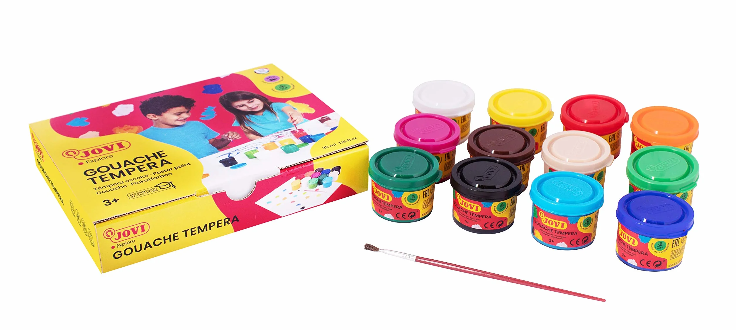 Jovi 152818 - Caja de 12 botes de tempera escolar de 35 ml, gel licuado en colores vivos, 1 unidad, Multicolor | sin gluten - uso escolar