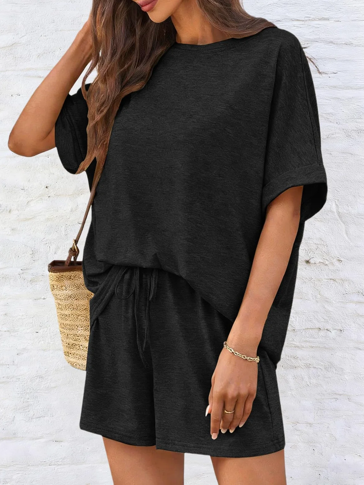 Mujer Chándal 2 Piezas Pantalones Cortos Verano Camiseta Bolsillos Cuello Redondo