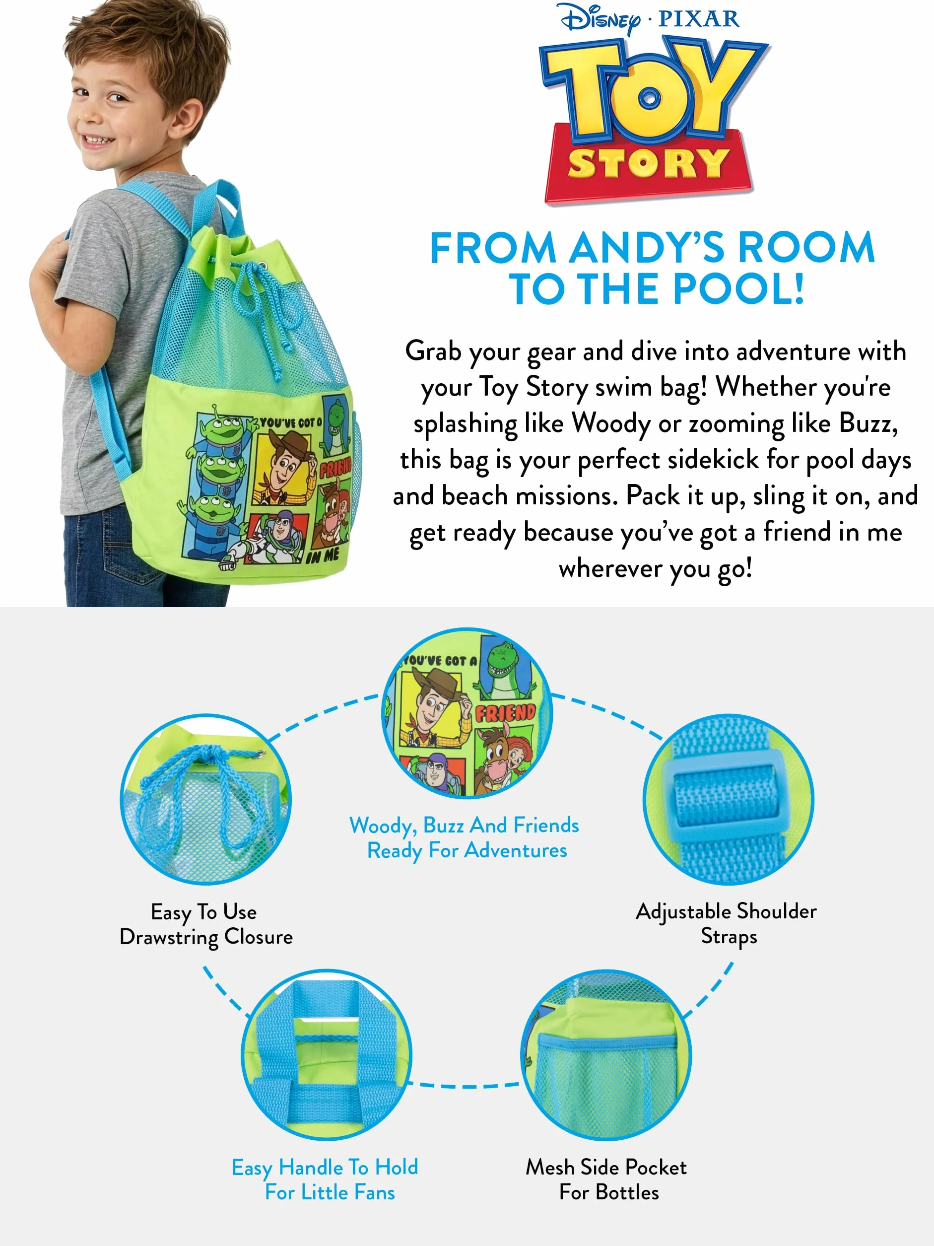 Disney Toy Story Mochila de natación para niños con cordón, bolsa para piscina o playa