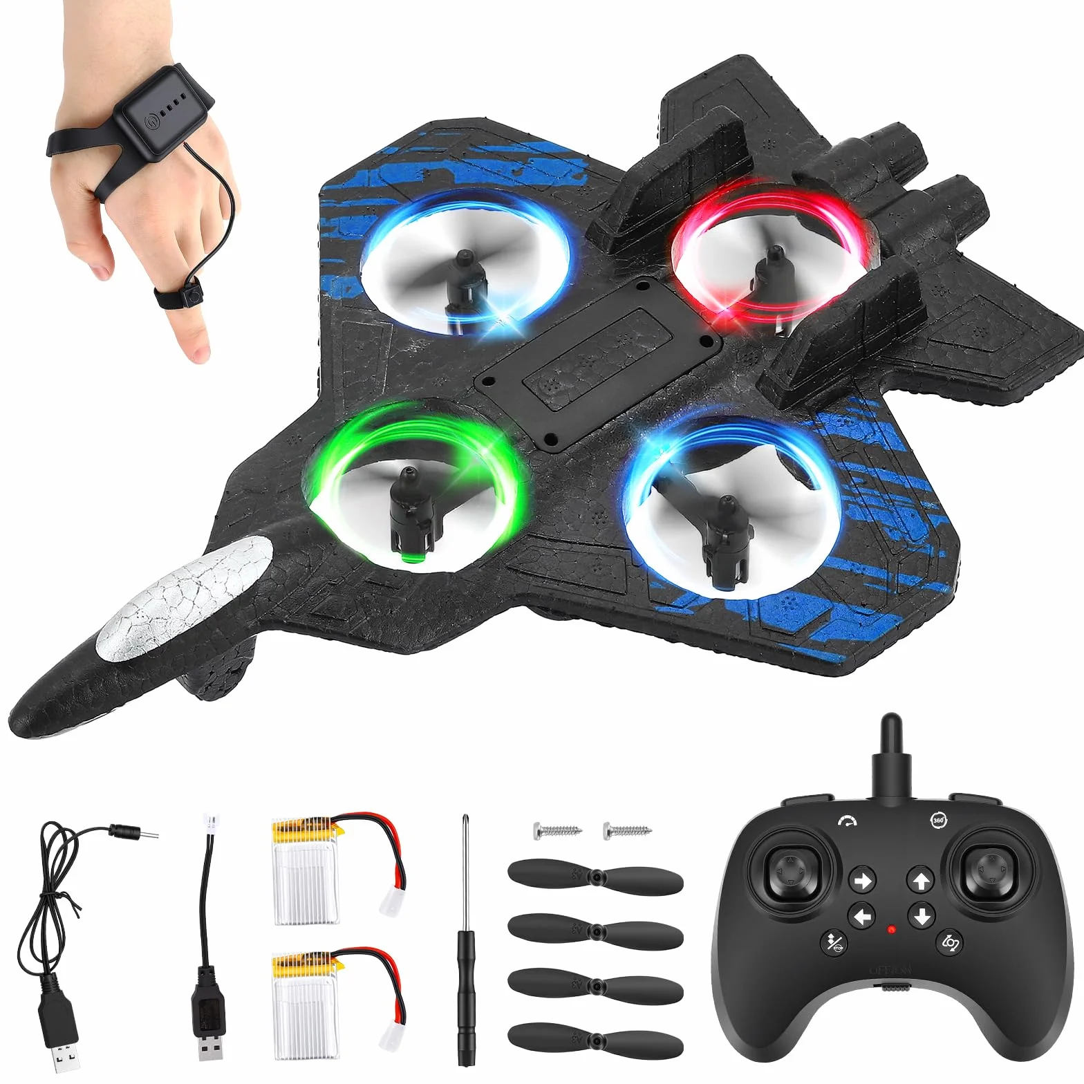 Avión de control remoto, doble control (mando a distancia y mando a mango), RC Avión 360° Rotación, 3 velocidades, con luz LED y hélice de repuesto, avión exterior para niños (azul)