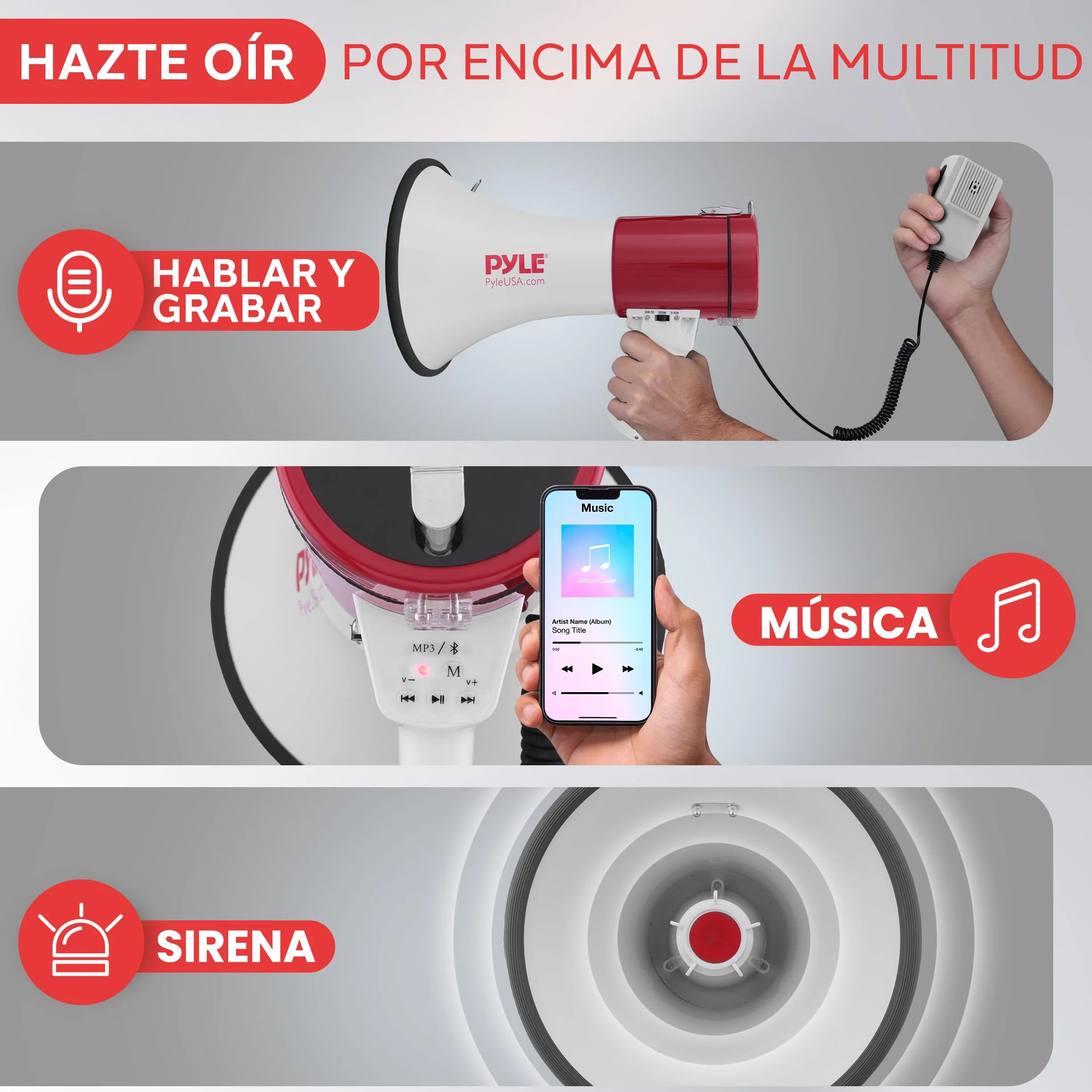 Pyle Altavoz Portátil 50V con Sirena, Volumen Ajustable, Entrada AUX, Correa para Hombro