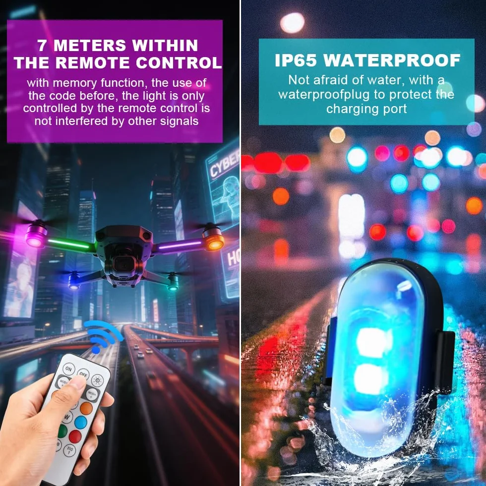 8 Piezas Luz Estroboscopica Drone LED 8 Colores Control Remoto USB Anticolisión Señal Advertencia Nocturna para Dron Camión Bicicleta