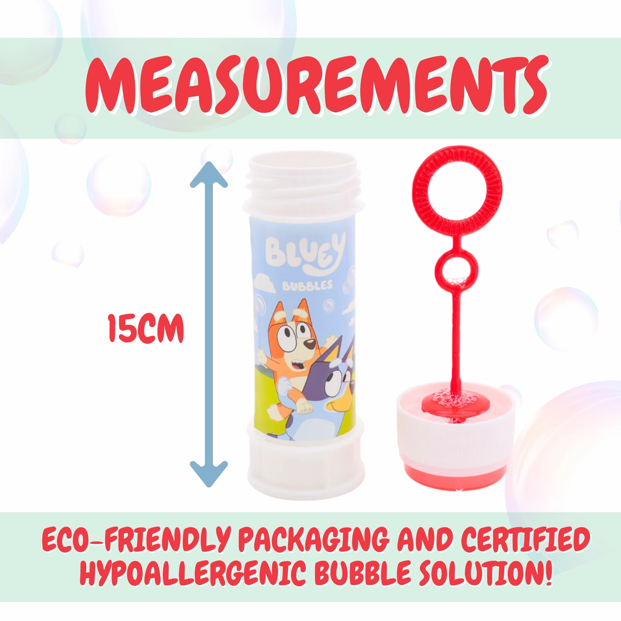 Toyland® Pack de 12 Bluey Botes de Burbujas con Varitas, Solución de 60ml y Tapa de Laberinto Novedosa - Juguetes para bolsitas de Fiesta y Dinero de Bolsillo