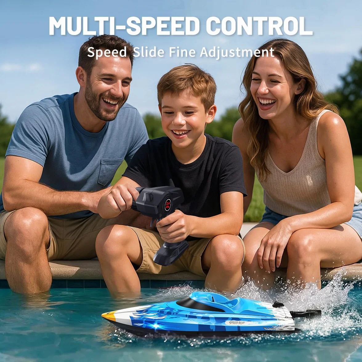 Barco teledirigido RC 25 km/h, impermeable con mando 2.4GHz, refrigeración por agua, luz LED, función Flip automática, alarma de batería y distancia, 2 baterías, para niños y adultos, piscina y lago