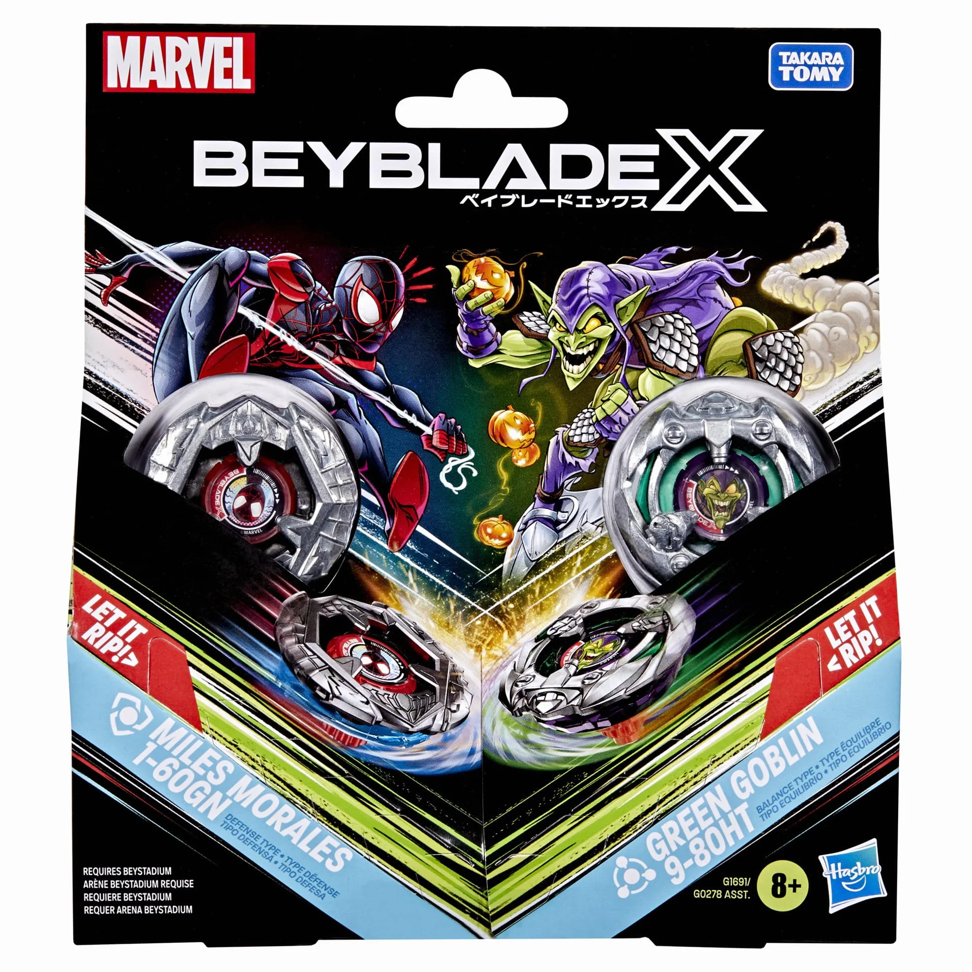 Colaboración Beyblade X y Marvel, Miles Morales 1-60GN vs. Green Goblin 9-80HT