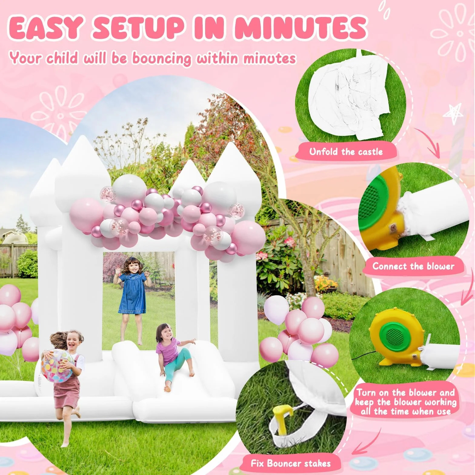 Castillo Hinchable Blanco para Niños con Soplador, Castillo Hinchable Interior Exterior con Tobogán, Trampolín, Gran Piscina de Bolas, para Boda Fiesta Cumpleaños, para 3-10 años, hasta 140 kg