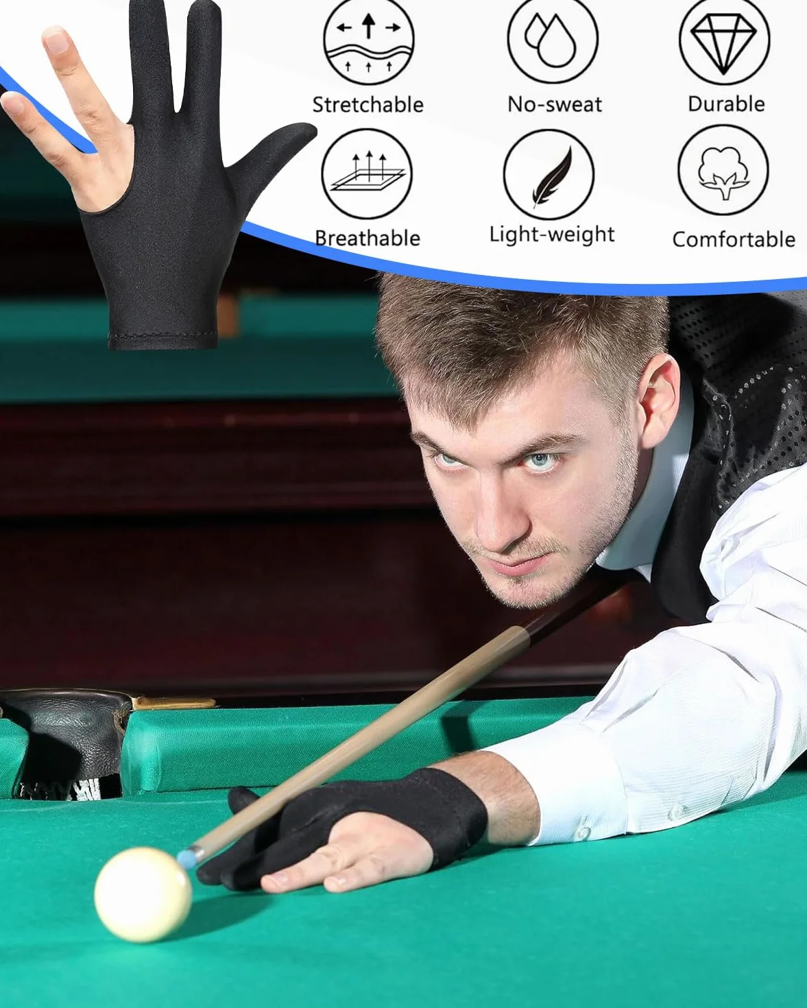 Guantes de billar con 3 dedos elásticos unisex para zurdos