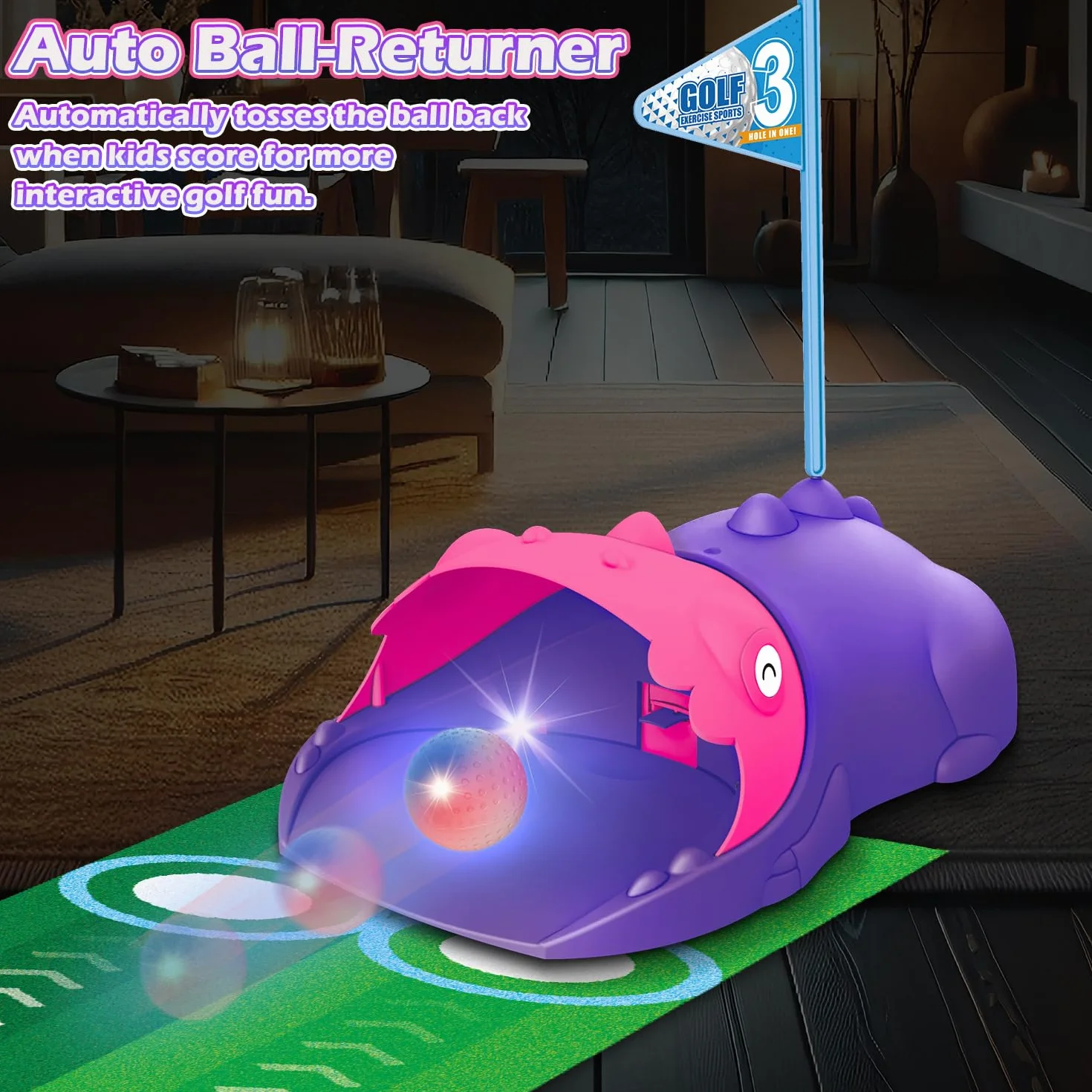 Set de Golf para Niños Devolvedor Automático de Bolas Dinosaurio, Pelotas de Golf Luminosas con LED, 3 Palos, Juegos de Golf para Niñas de 3 a 8 Años, Juguetes Deportivos Interior Exterior (Rosa)