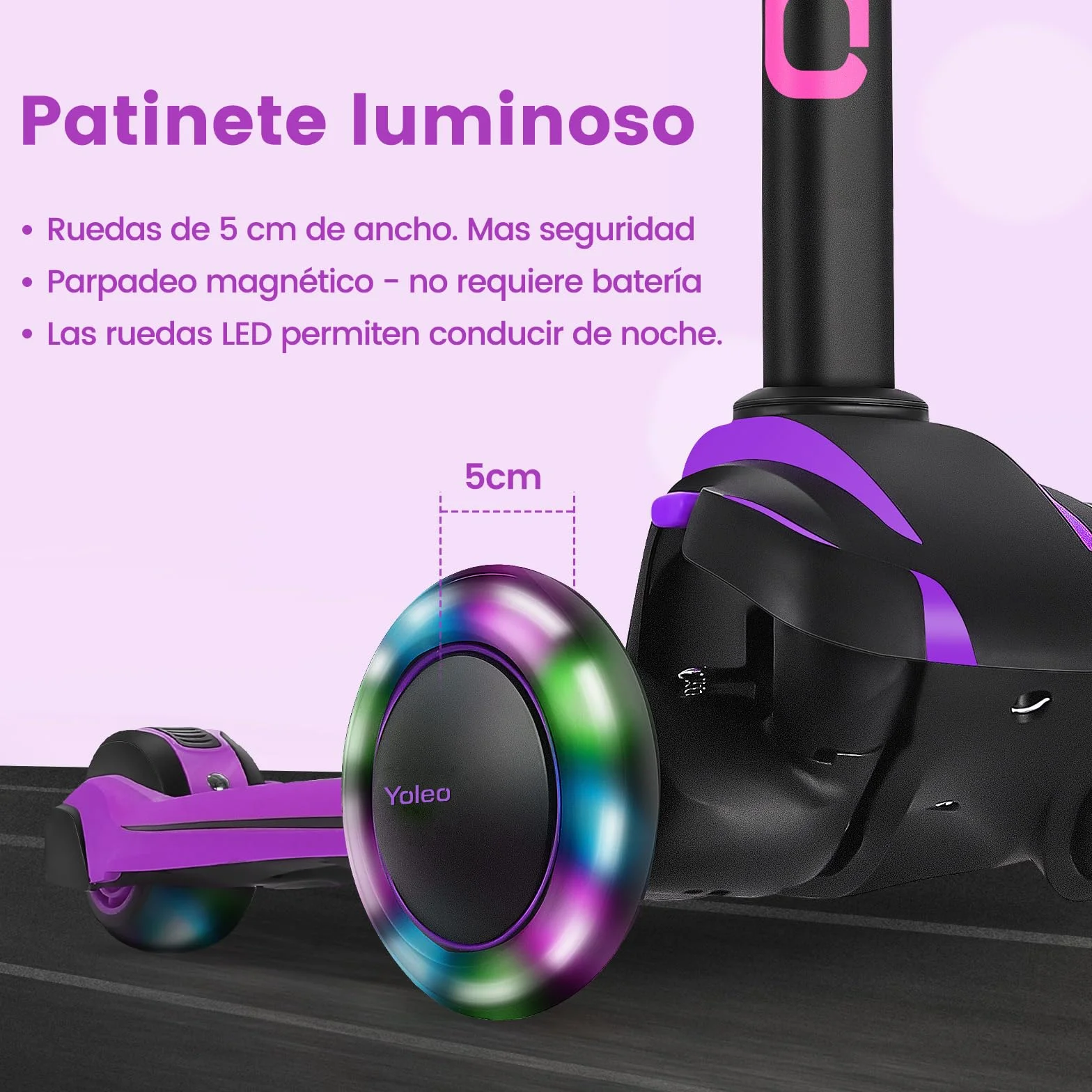 YOLEO Patinete para Niños 3-12 Años 4 Alturas Ajustables 3 Ruedas LED Amortiguador Carga 50 kg