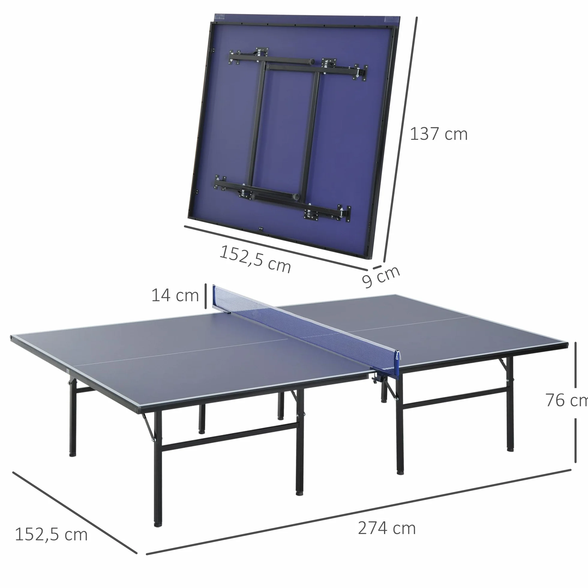 Homcom Mesa de Ping Pong Plegable 152.5x274x76cm Tenis de Mesa Acero MDF Azul