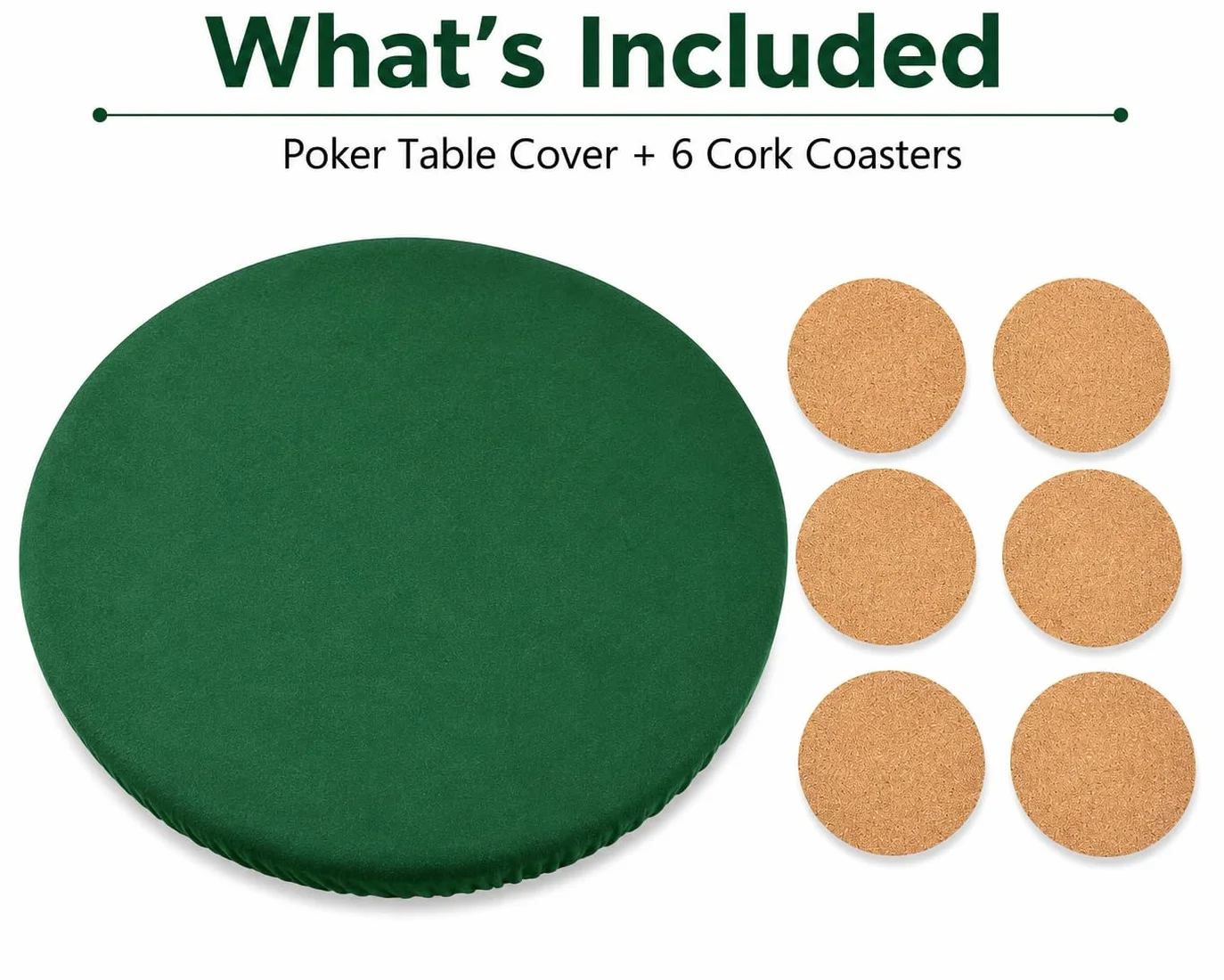 Katai – Cubierta Verde para Mesa de póker Estilo Casino – Fieltro elástico para mesas Redondas de 36 a 48" – Antideslizante y Reduce Ruido – Incluye 6 Posavasos