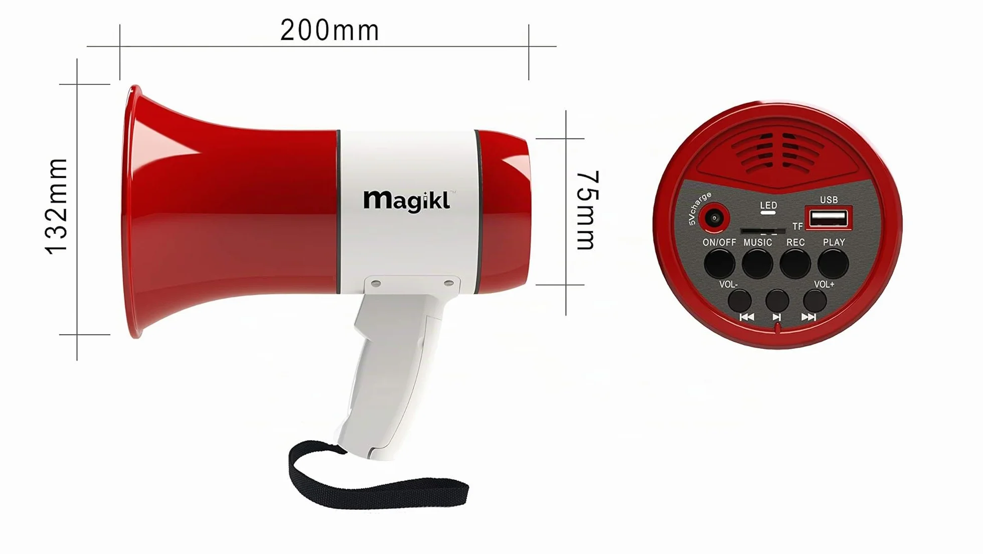 Megáfono Portátil con Sirena, Reproductor MP3, Grabador, Batería Recargable USB