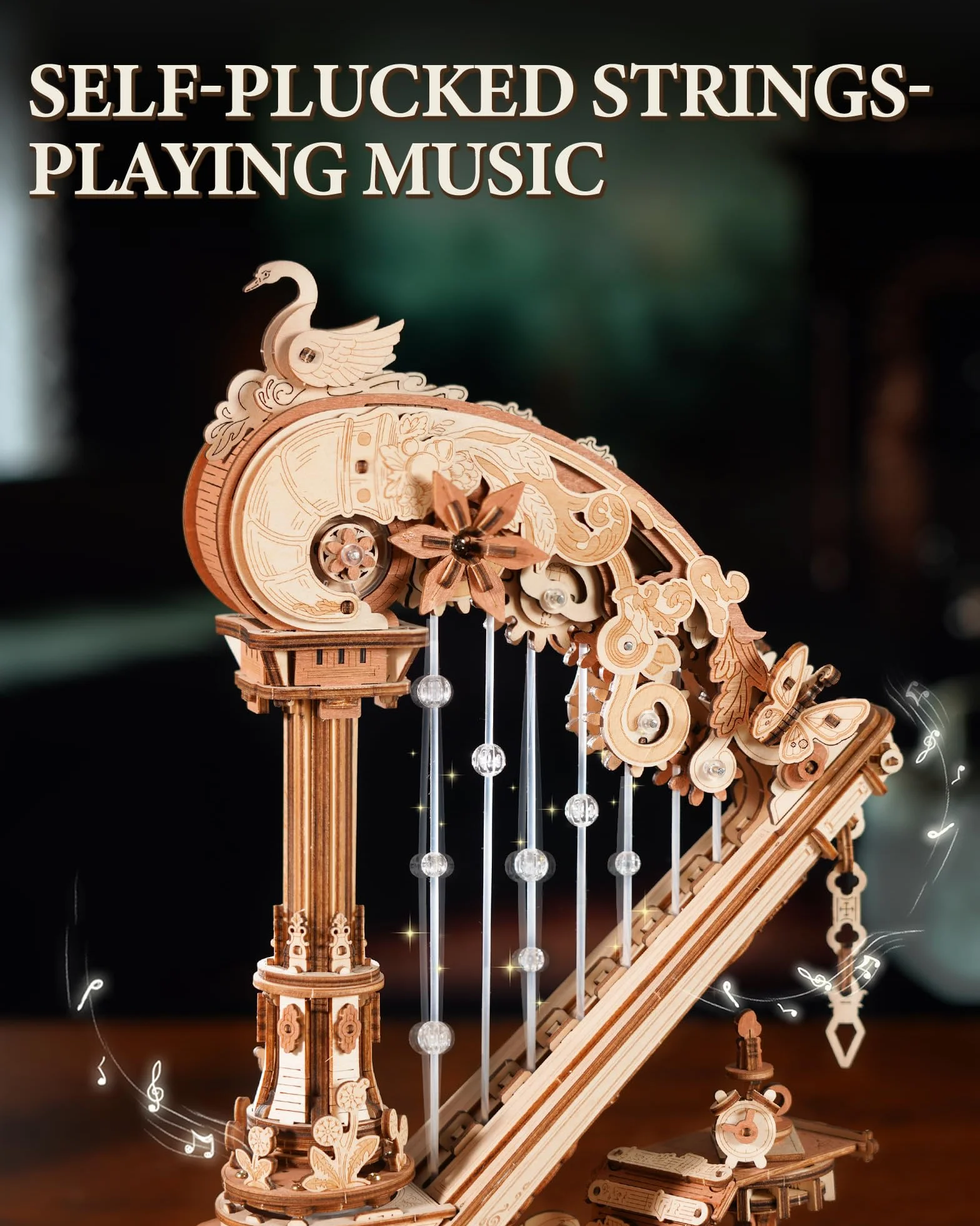 ROBOTIME Puzzle 3D de Madera Arpa con Caja de Música, Kit DIY Mecánico con Engranajes en Movimiento, Maqueta para Adultos, Regalo Creativo y Decoración Hogar