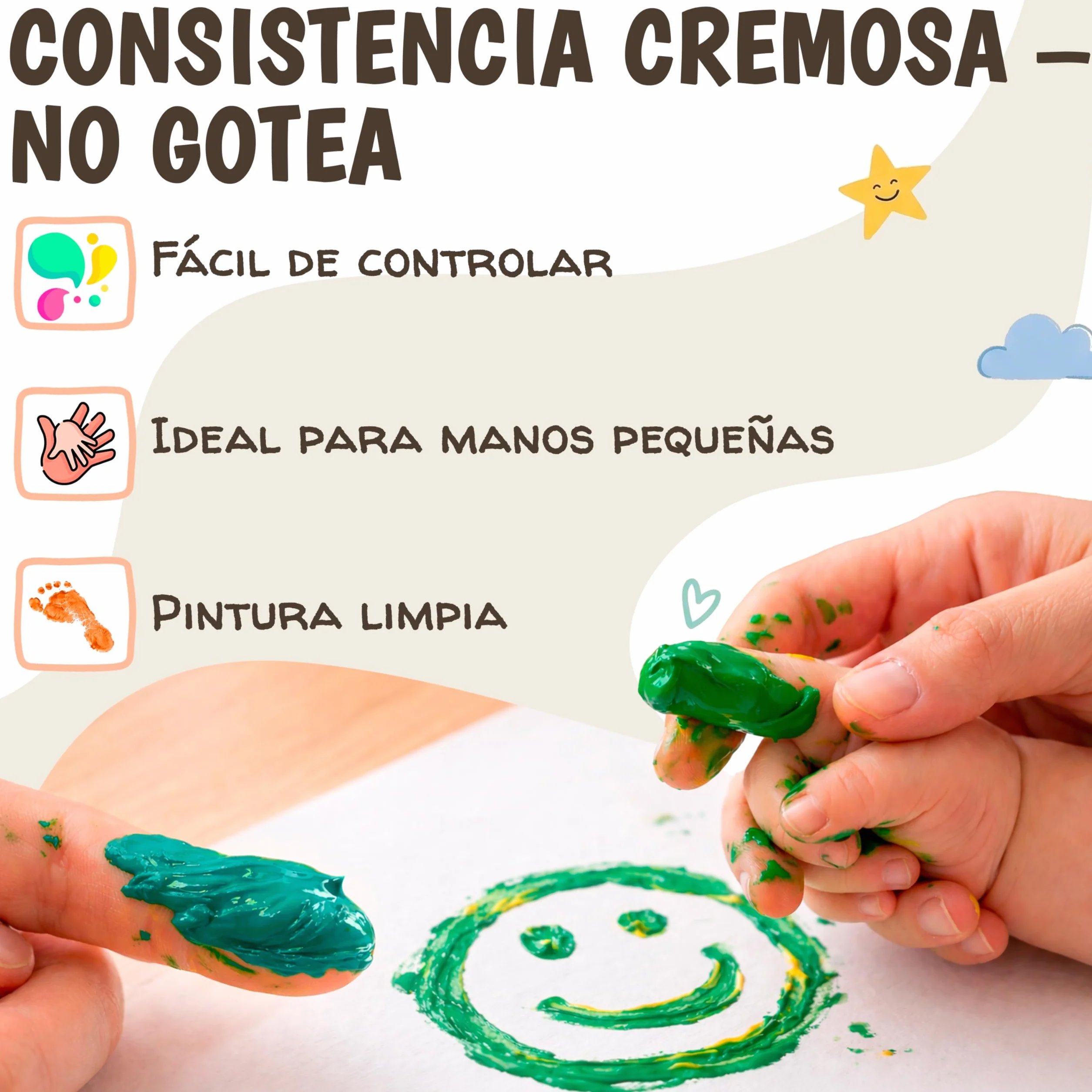 Pintura Dedos Bebe No Toxica Lavable 6x60ml – Pintura de Dedos Para Niños 1, 2, 3 años | Pintar con Manos y Pies | Pinta con Manos & Huellas Bebé Multi Superficia