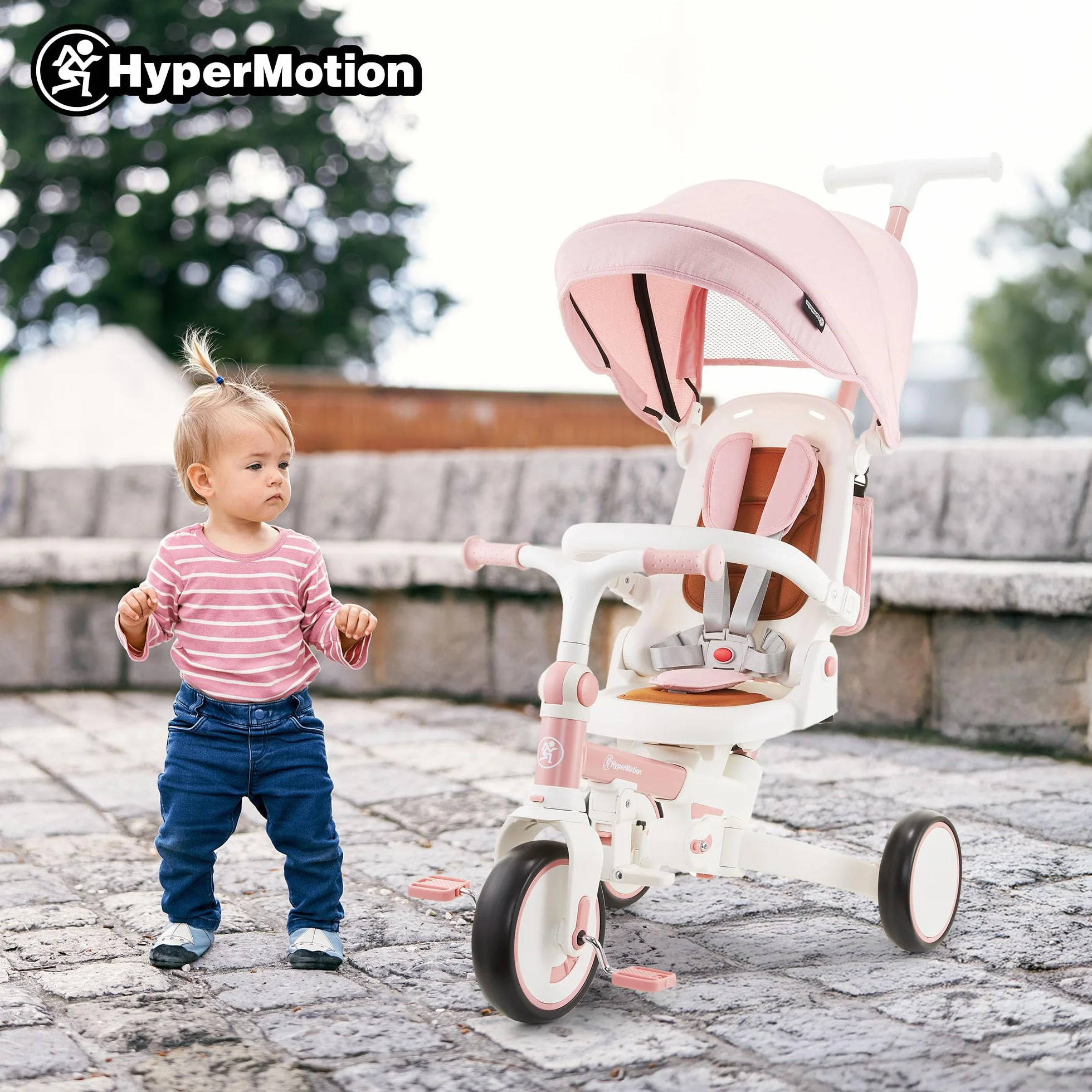 HyperMotion Triciclo Evolutivo 8 en 1 Rosa – Triciclo Bebe Plegable y Reclinable con Asiento 360° y Capota – Arnés, Barra de Empuje – Trike para Niñas de 1 a 5 Años