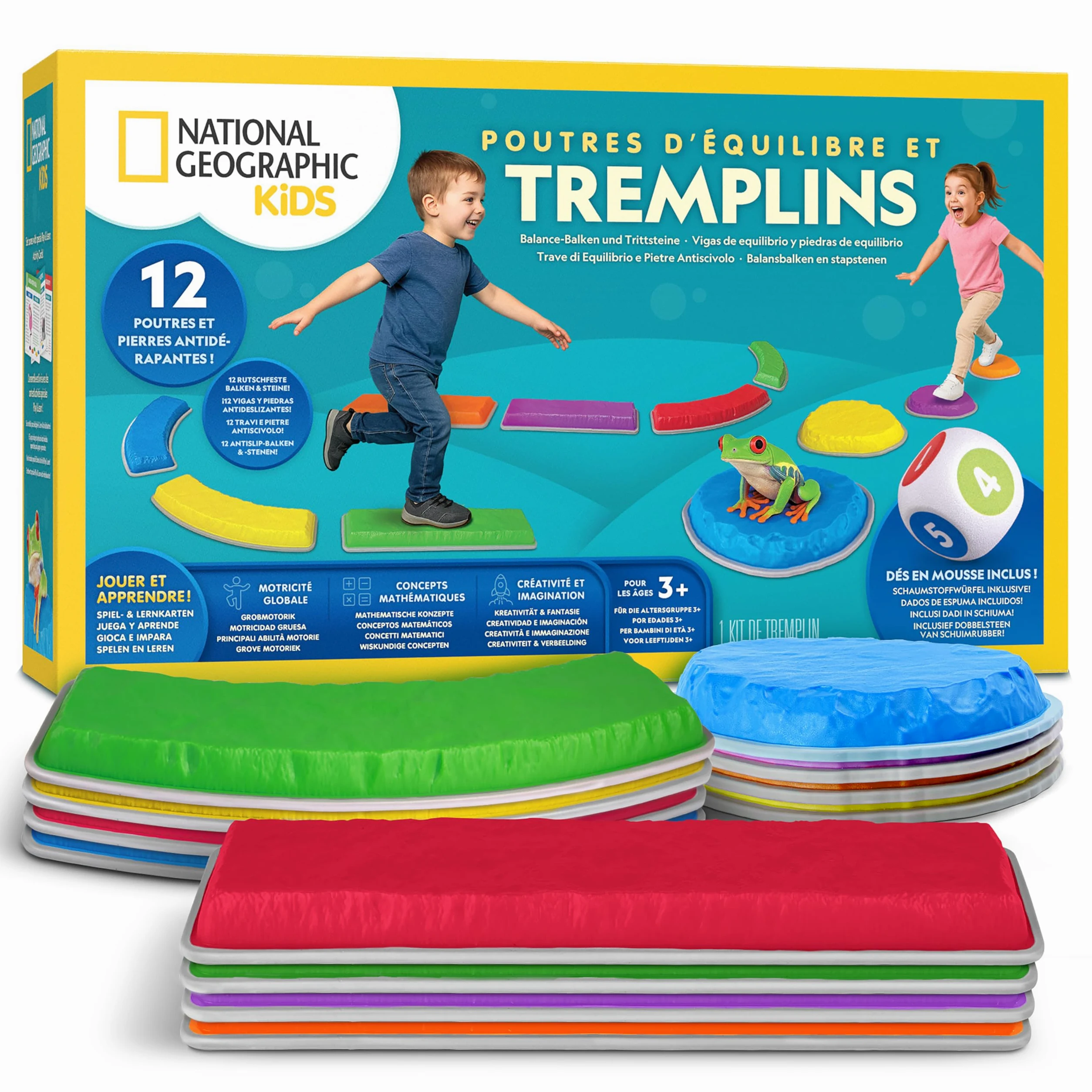 National Geographic Kids Piedras de Equilibrio y Barras de Balance – Set de circuito de obstáculos de 12 piezas para niños 3+ con dado de espuma, tarjetas Play & Learn y base antideslizante