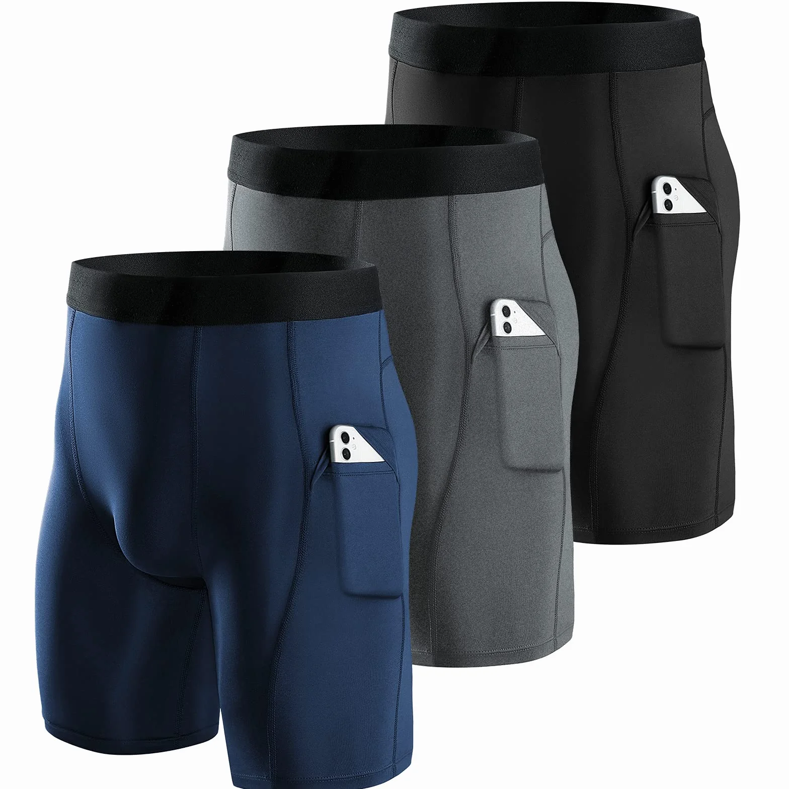 Niksa 3 Piezas Mallas Running Hombre Cortas Pantalones Cortos Compresión con Bolsillo para Celular Secado Rápido Transpirable