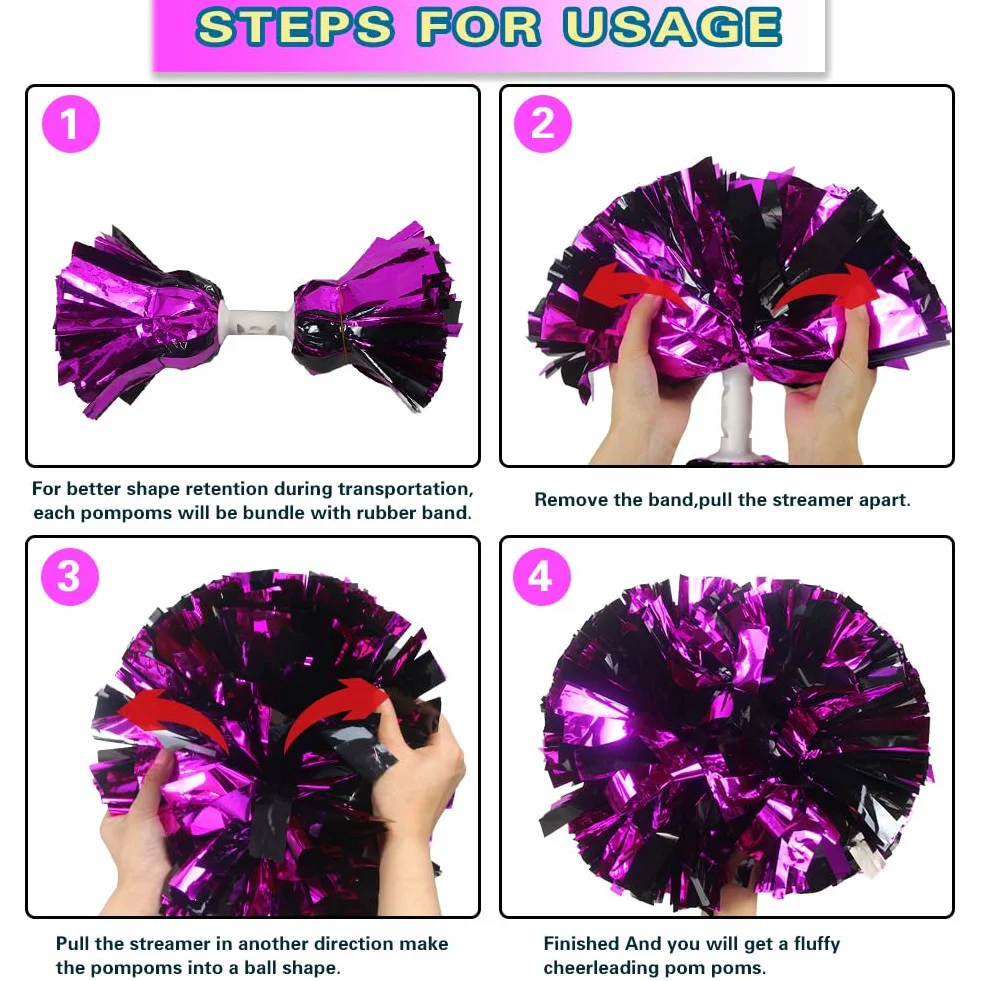 Lovecheer 2 pompones metálicos animadora negro rosa intenso asa fiestas baile deportes espíritus