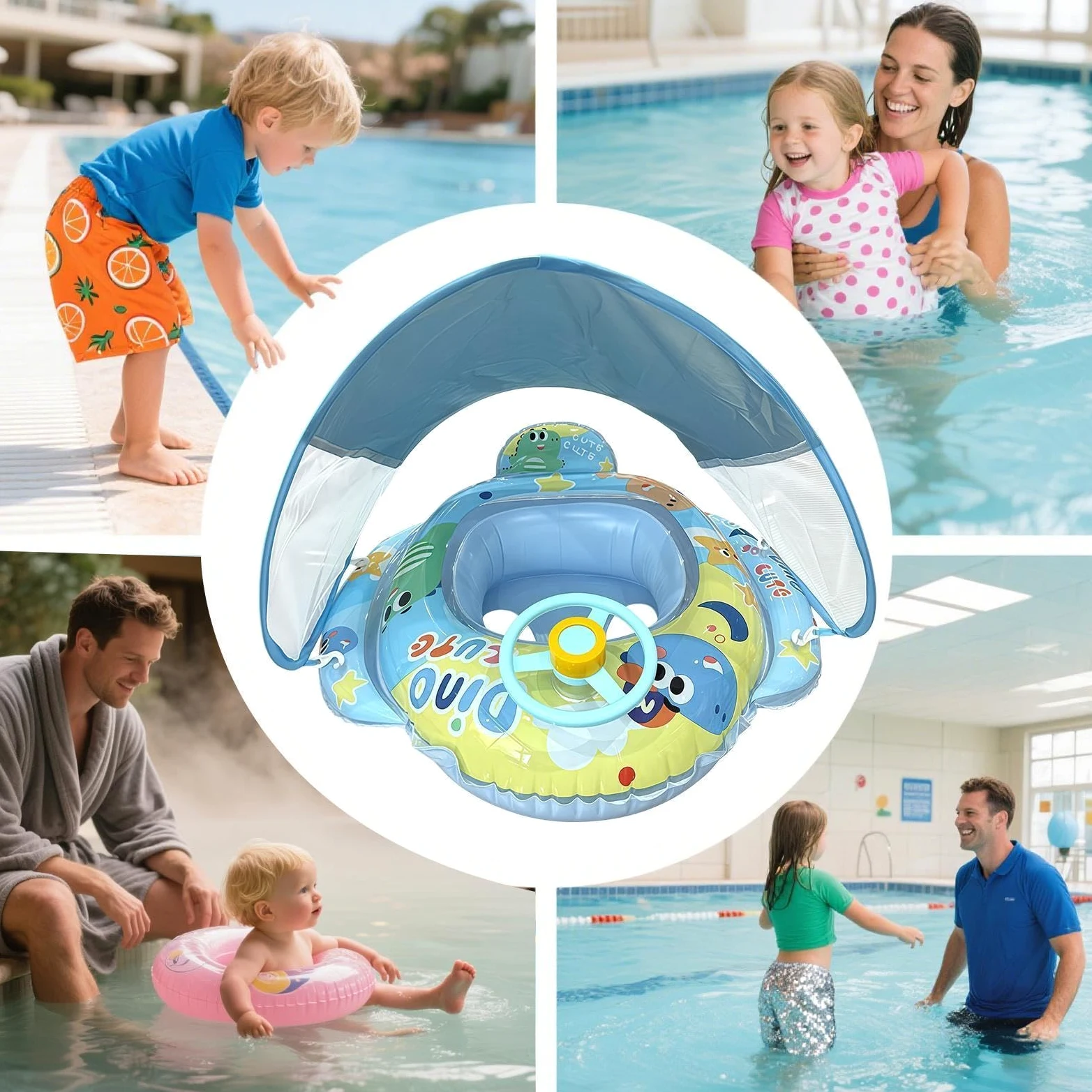 Flotador Infantil de Piscina con toldo Volante de Dinosaurio Inflable | Natación Infantil Verano Para playa vacaciones parque acuático lago río viaje accesorio fotográfico