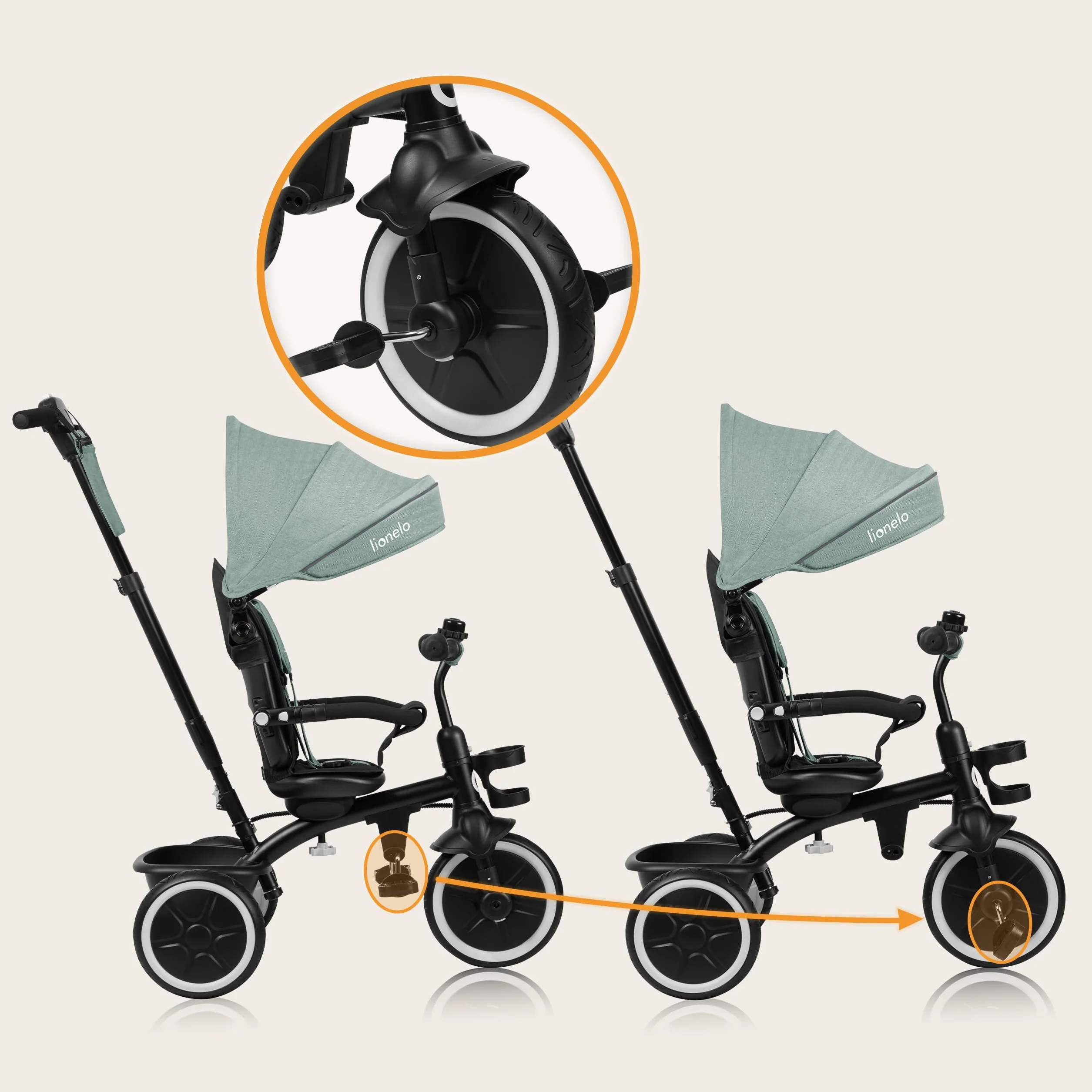 LIONELO Berry Triciclo Multifuncional de Paseo Silla de Paseo de 9 Meses a 5 años a 25 kg Ruedas Grandes de PU, Triciclo Asiento Giratorio 360° Montaje sin Herramientas