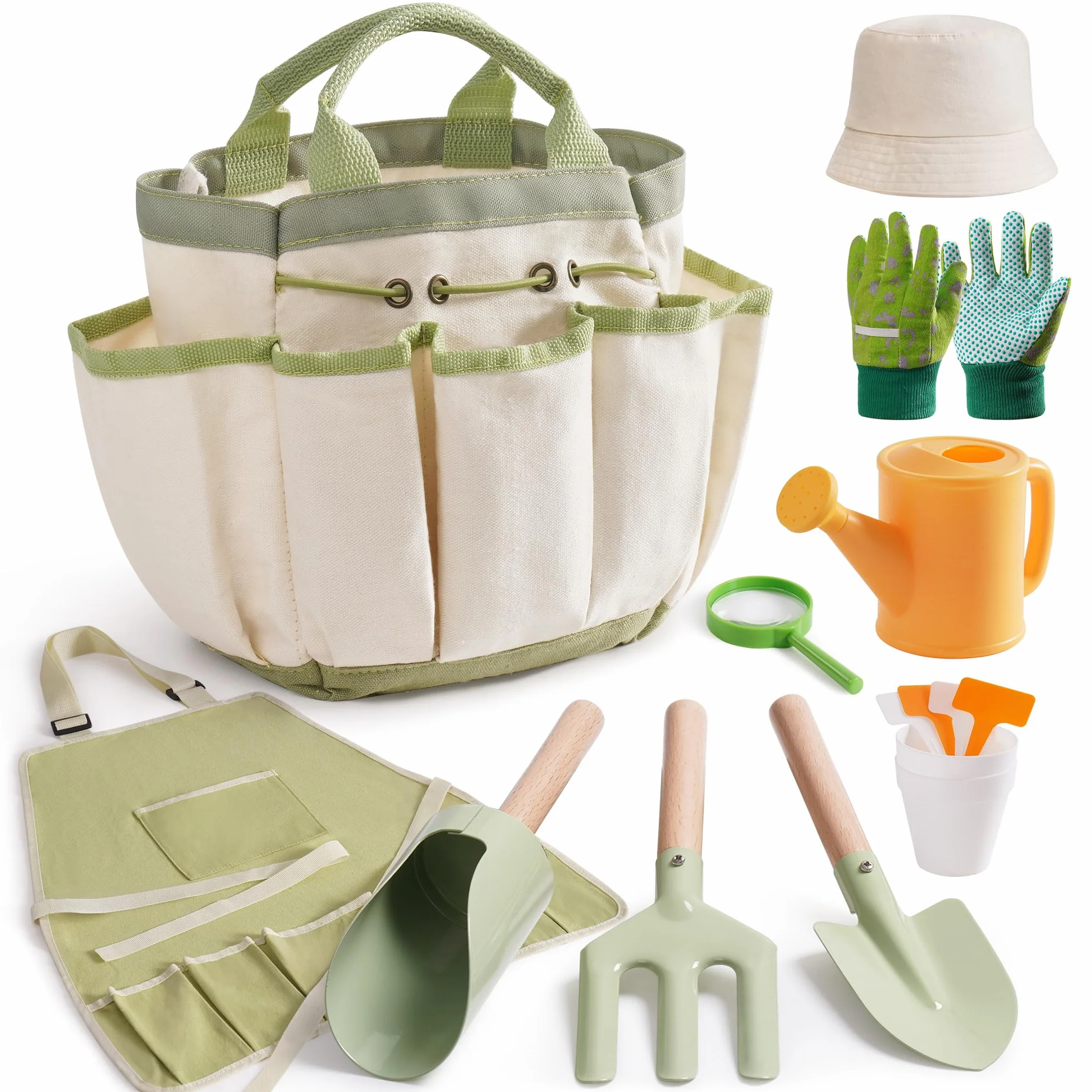 ROBOTIME Juego de herramientas de jardinería para niños, kit de herramientas de jardín de 18 piezas para niños pequeños con regadera, guantes, delantal y sombreros, bolsa de herramientas y juego de