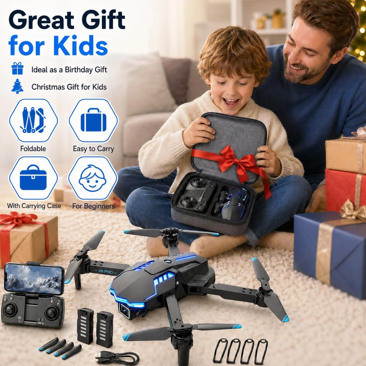 Dron con Camara 1080P para Niño y Adultos RC Quadcopter con Motor sin Escobilla Drone FPV para Principiantes con 30min de Vuelo/Altitud Retención, Juguete para Niño Regalos Cumpleaños (Grey)