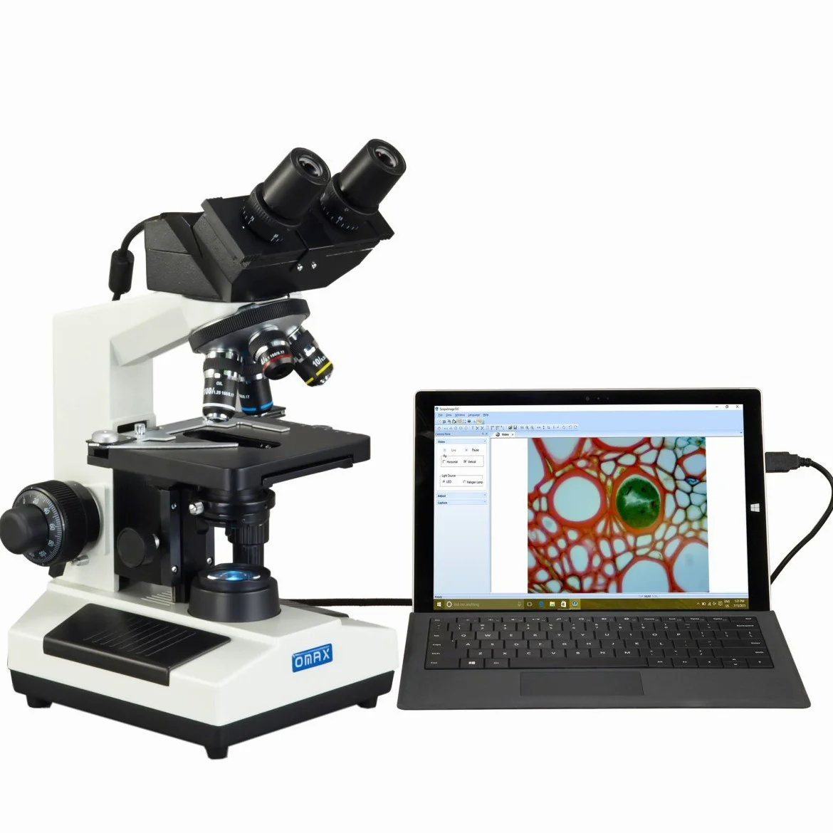 OMAX - MD827S30L - Microscopio de luz LED Binocular Integrado de 3 MP 40X-2000X Compuesto biológico Digital con Condensador NA1.25 de inmersión de Aceite de Etapa mecánica de Doble Capa