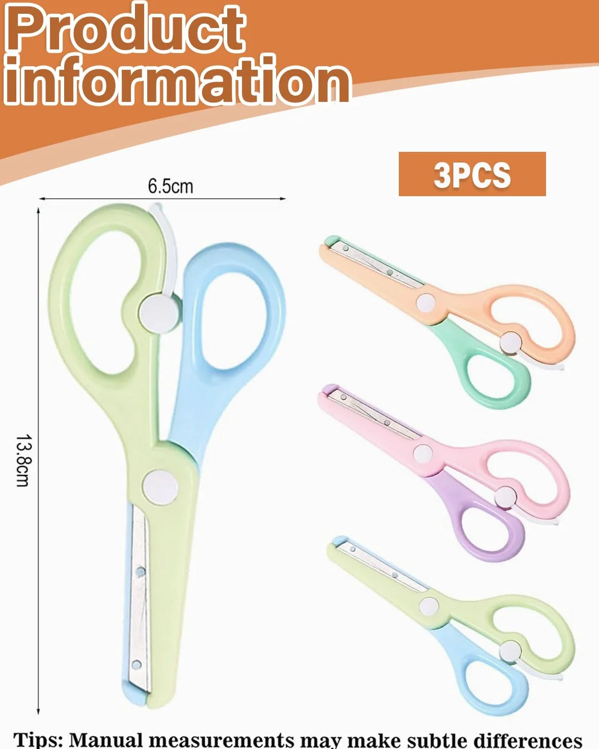 3 piezas Tijeras Infantiles con Dispositivo de Seguridad,para Niños y Revestimiento de Plástico,con Punta Redonda