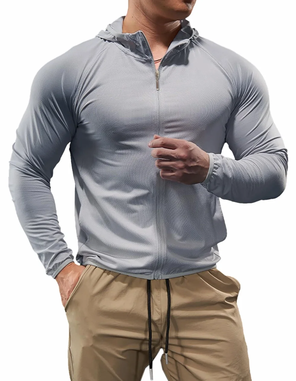 Sudadera con Capucha Cremallera Completa Hombre Deporte Chaqueta Ligera Fitness Manga Larga