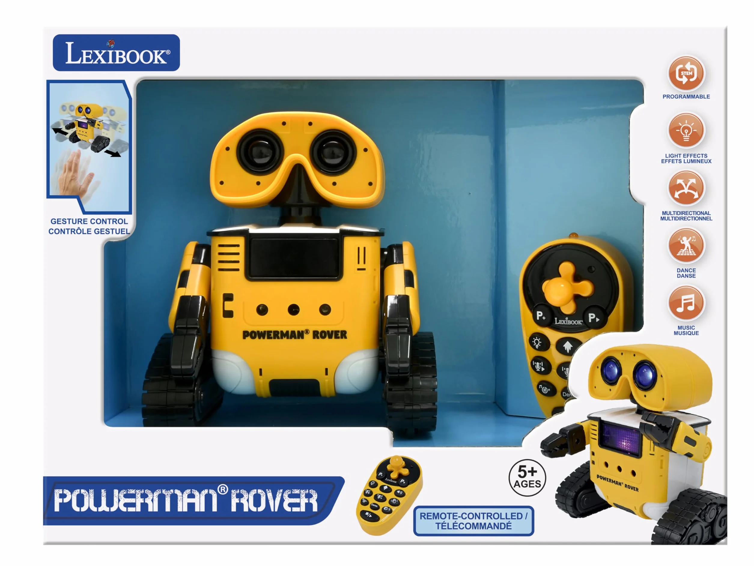 LEXIBOOK, Powerman Rover, Tu Adorable Robot controlado a Distancia, Control Remoto y por Gestos, Reproduce música y Baila, Repite lo Que Dices, Efectos de luz y Sonido, Programable Stem, ROB14