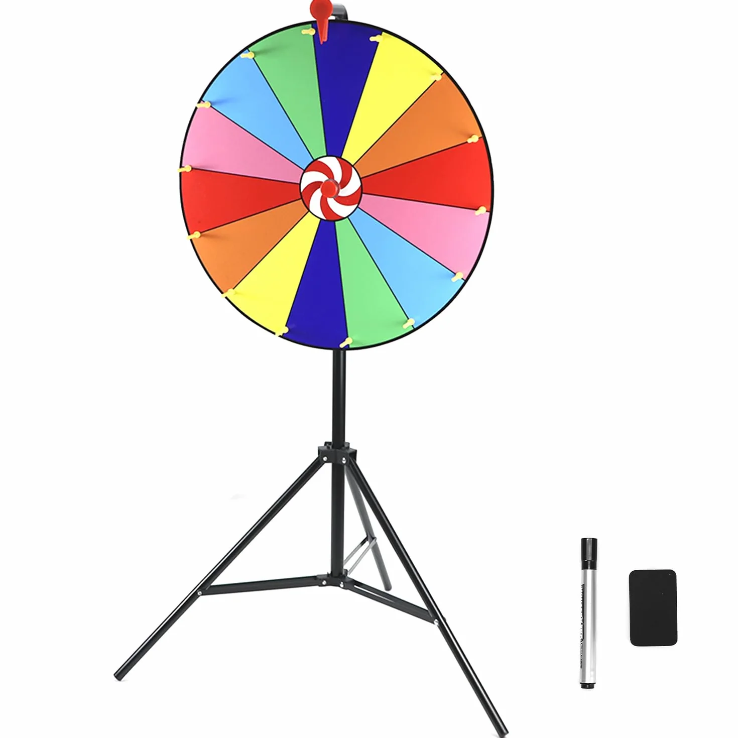 QWORK Juego de Ruleta de la Fortuna 50 cm, Borrado en Seco, 14 Ranuras, Trípode Ajustable 90-150 cm