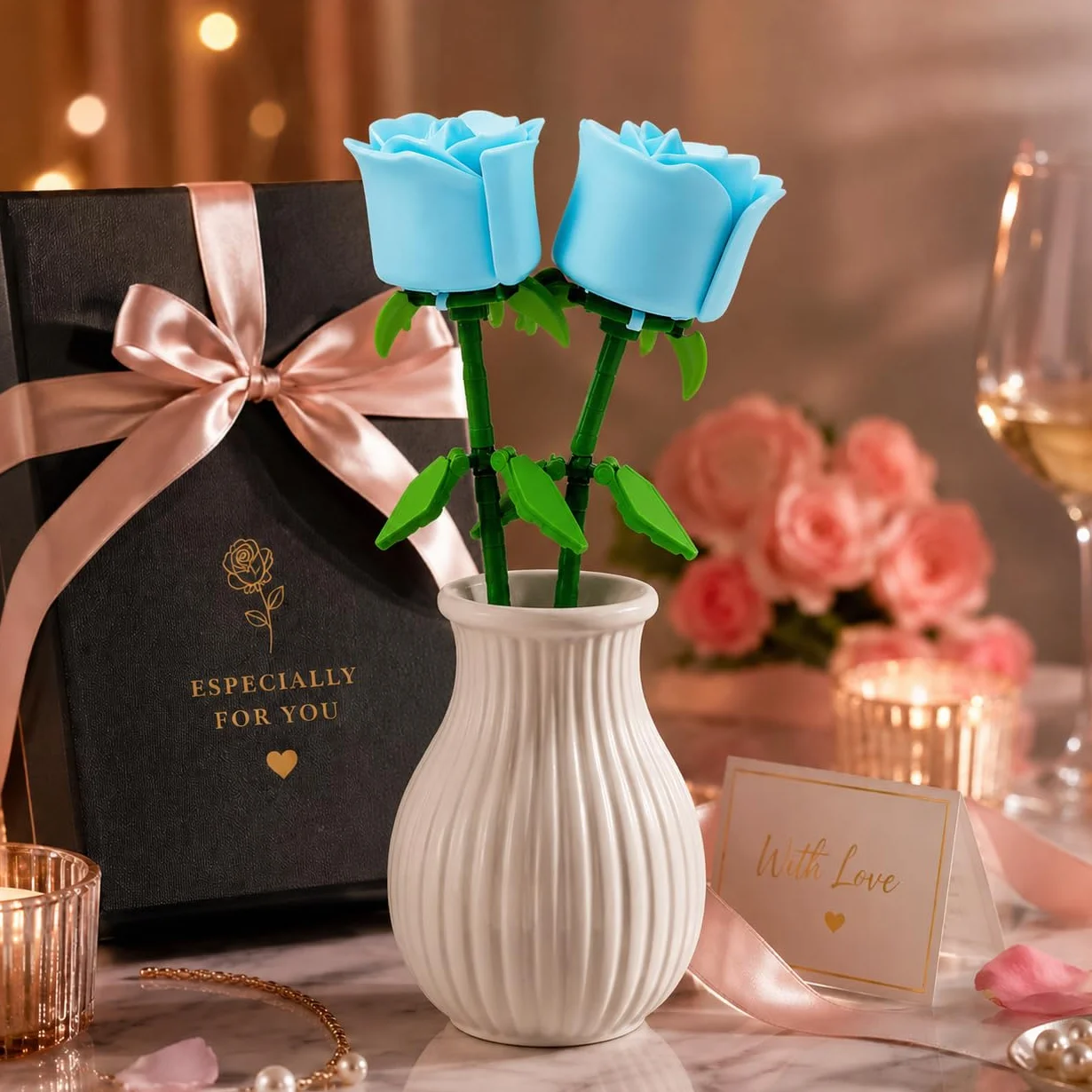 Rosas Eternas Bloques de Construcción Pack 2 - Flores Rojas para Montar DIY - Kit Manualidades Adultos - Regalo Mujer y Hombre San Valentín, Aniversario y Cumpleaños - Compatible con Rosas Lego Flores