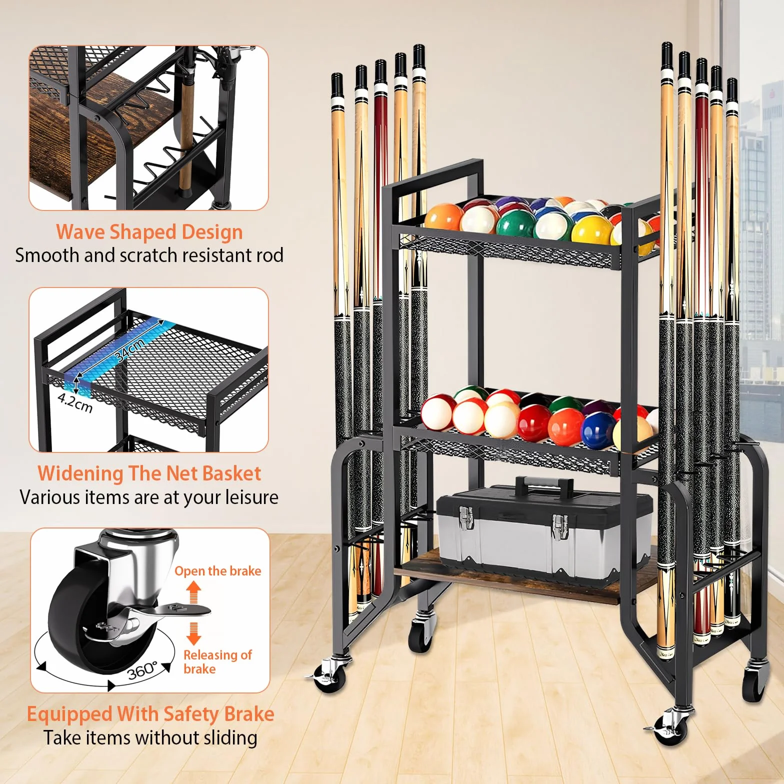 Soporte para taco de billar de 3 pisos para 10 bastones con ruedas