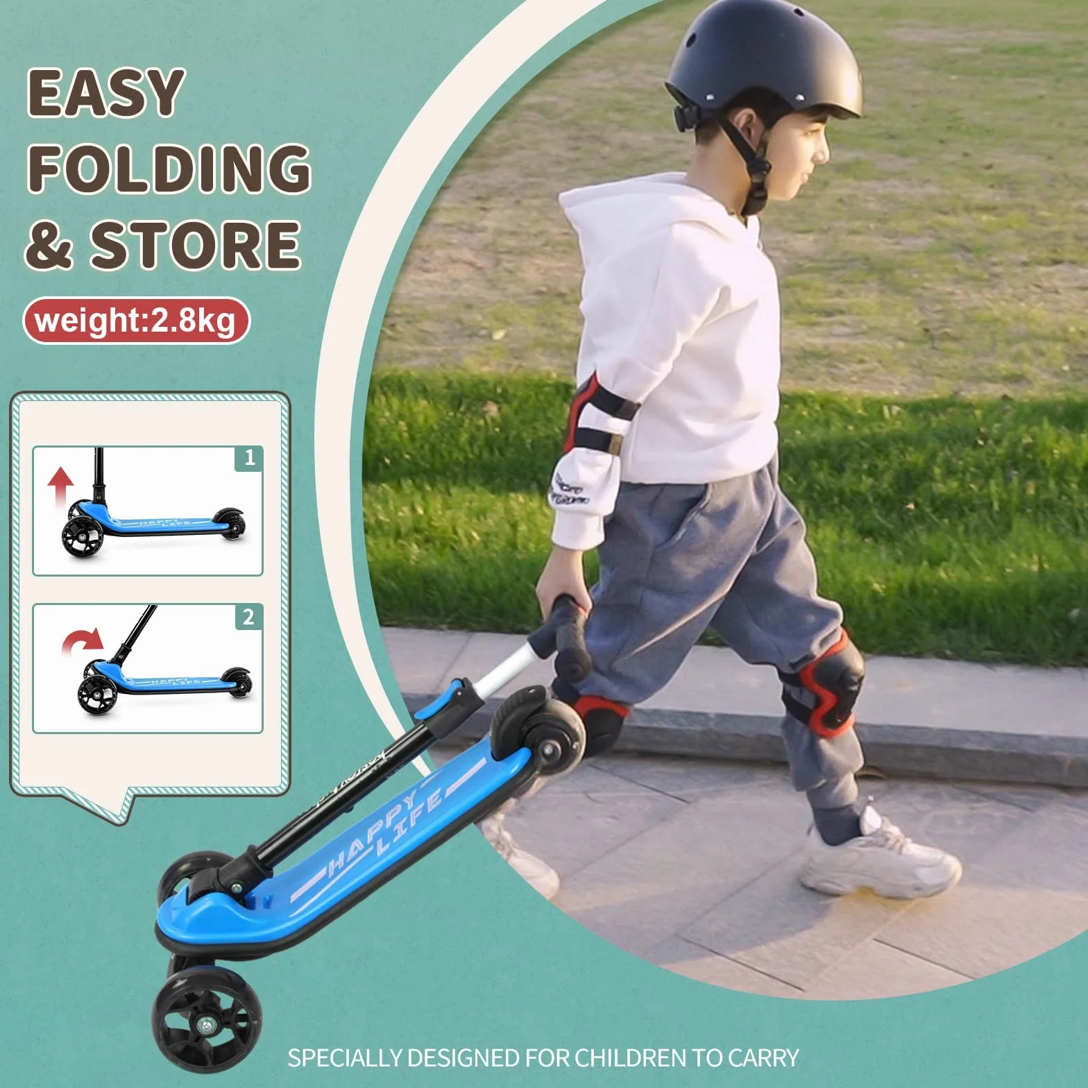 besrey Patinete para niños – Big Wheels Plegable con Luces LED Intermitentes para niños y niñas, 4 Niveles de Altura Ajustable, Tabla Ancha para niños de 2 a 8 años