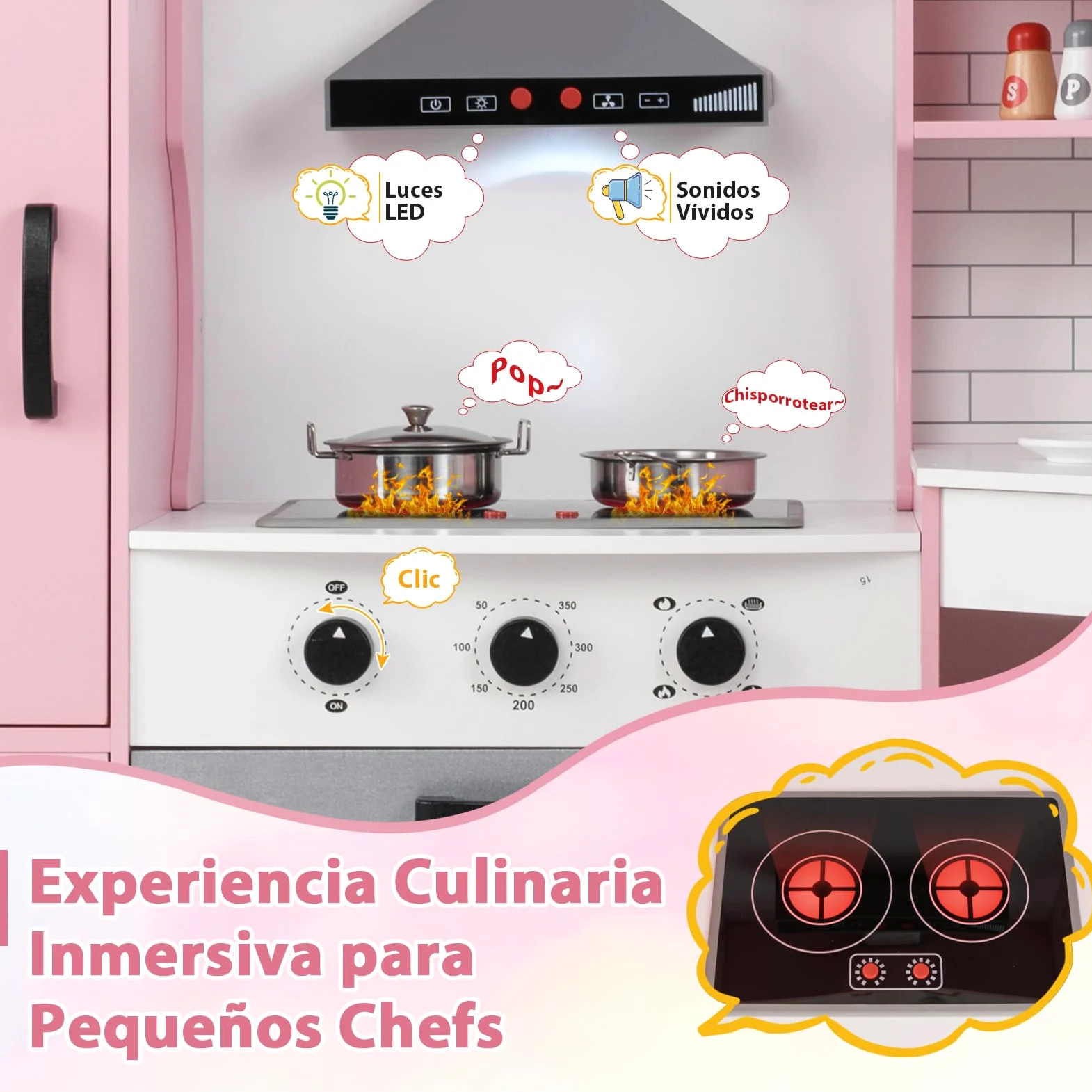GOPLUS Cocina de Juguete de Esquina para Niños, Cocinita Infantil con Máquina de Hielo, Microondas, Estufa, Horno, Fregadero, Lavadora, con Luces y Sonidos para Niños Pequeños de 3-10 Años (Rosa)