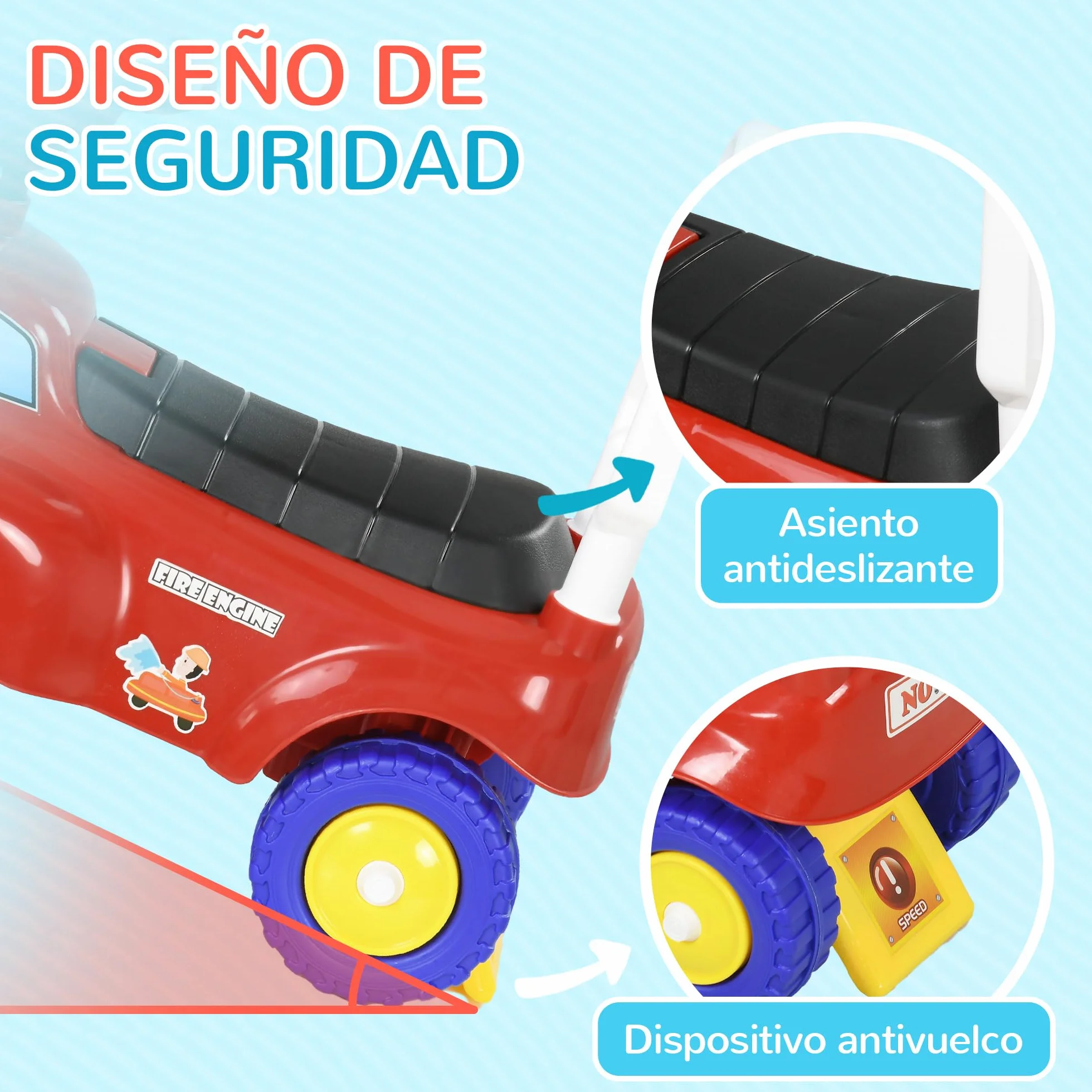 AIYAPLAY Coche Correpasillos para Niños de 18-36 Meses, Diseño de Camión de Bomberos, Correpasillos con 3 Luces, Música, Compartimento de Almacenaje y Volante, 49x24x42 cm, Rojo