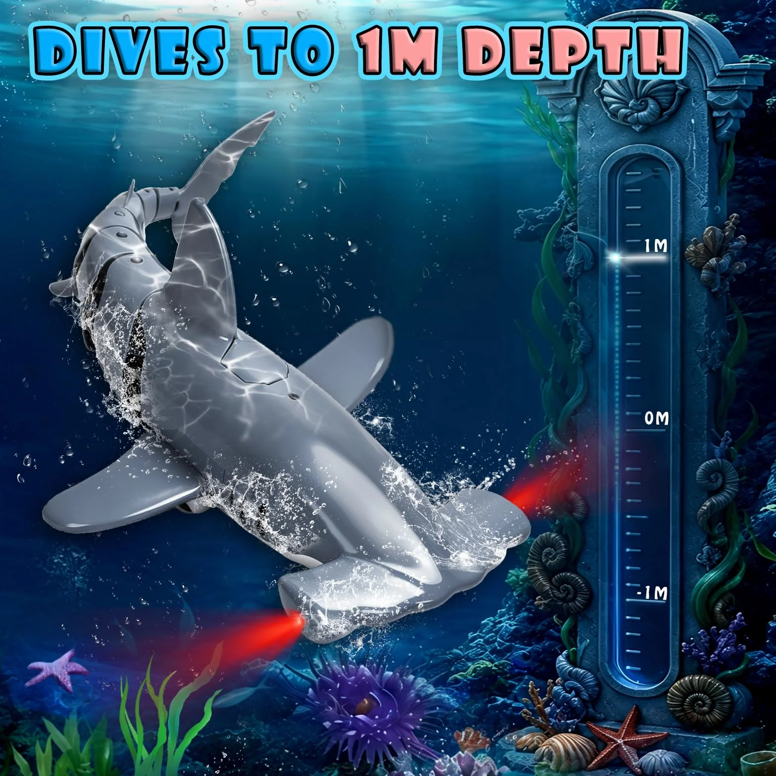 Tiburon Teledirigido Submersible, Tiburon Submarino Juguete 2.4GHz RC Tiburón con Luces LED para Piscinas, Lagos y Bañeras (Gris)
