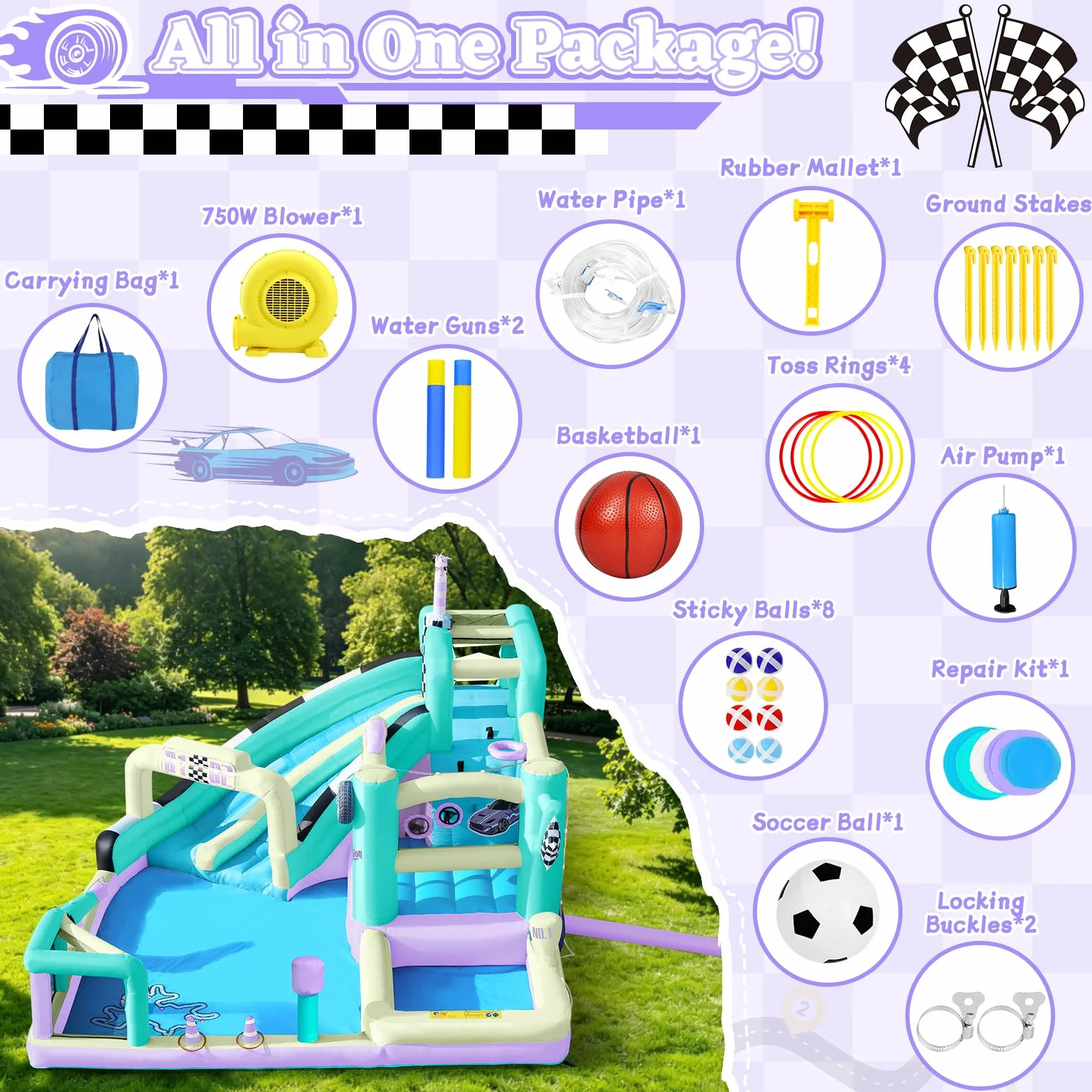 Castillo Inflable de Carreras para Niños, Gran Castillo Inflable 12 en 1 con Soplador de 750W, Doble Tobogán de Agua, Splash Pool, Zona de Salto, Apto para Interiores y Exteriores