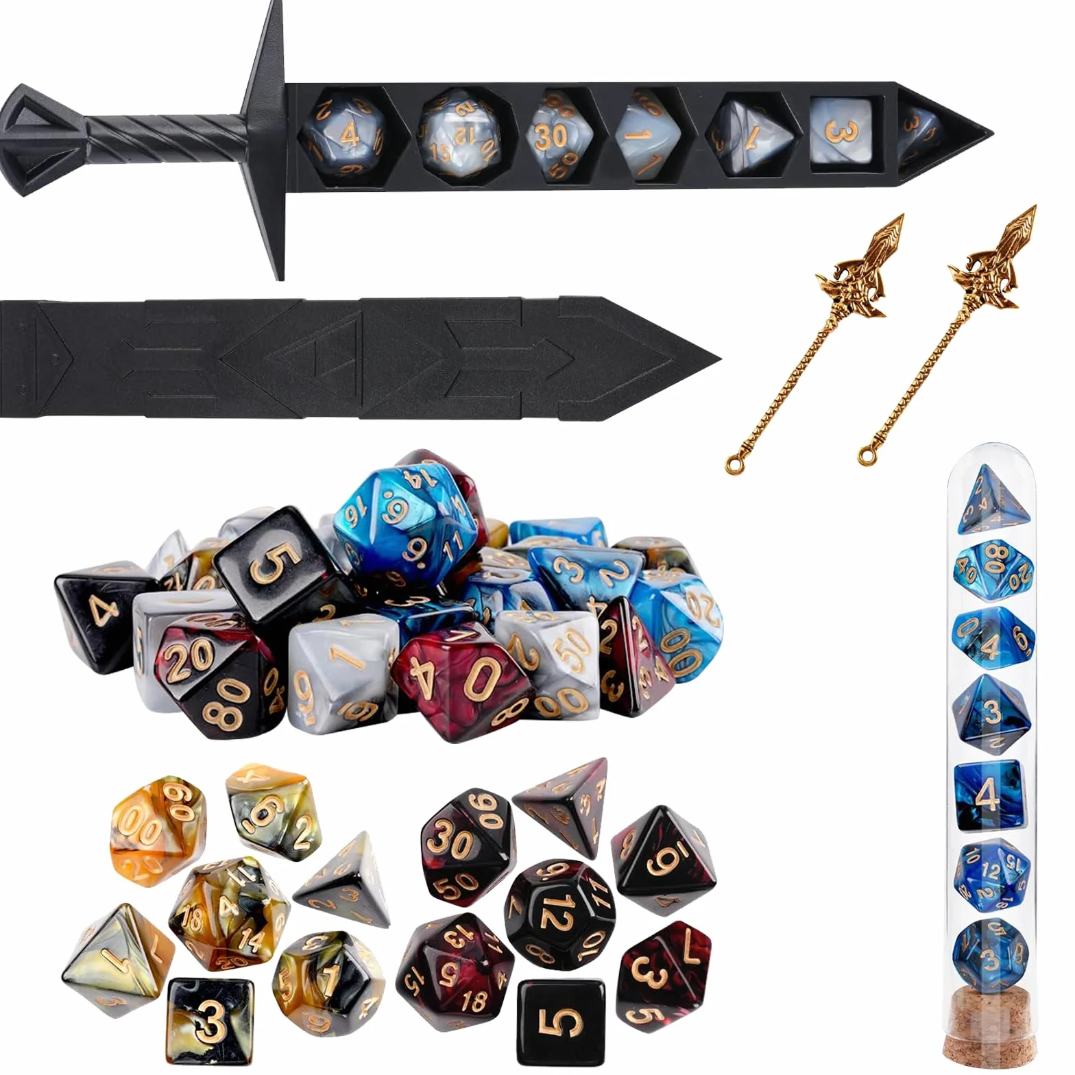 Set de Dados Poliédricos, Dados de Fantasía, Cube para Juegos de Mesa, Colección de 28 Cubes, Diseño Dos Colores con Caja Espada, para Juegos de rol y Estrategia