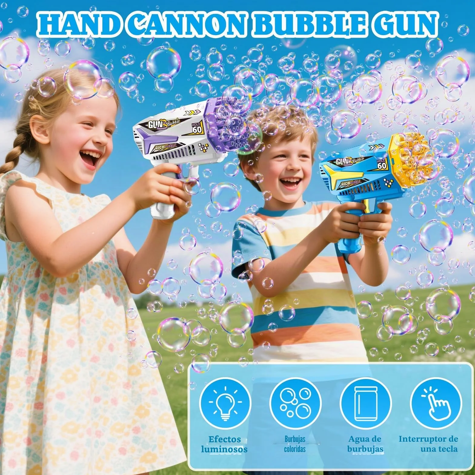Pistola de Burbujas, 2 Piezas Máquina Automática Pompas de Jabón, con 4 Botellas de solución, 10 Packs Solución de Recarga de Burbujas, para Niños, Adultos, Juguete de Verano
