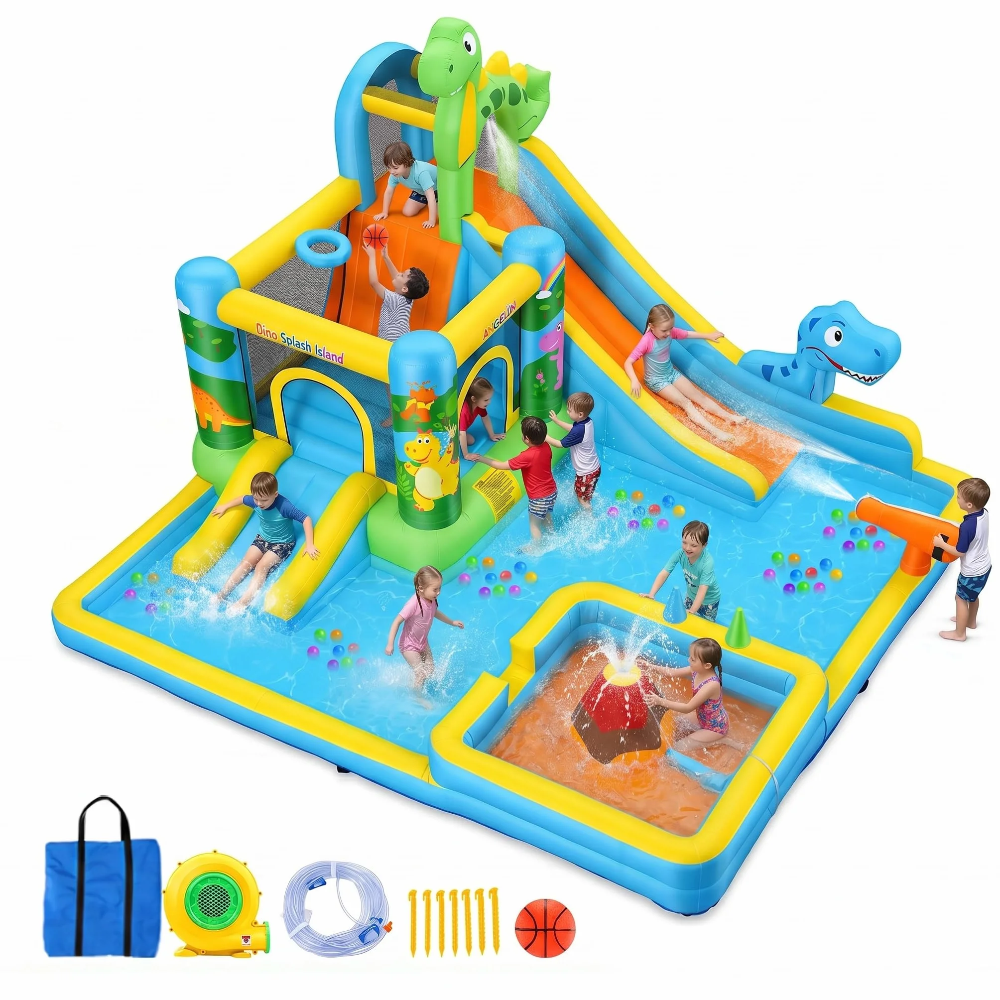 Tobogán acuático Inflable Castillo Hinchable con soplador para niños de 3 años + años, tobogán seco/acuático, Dinosaurios con 2 toboganes, Piscina Infantil y Piscina, Canasta de Baloncesto, cañón de