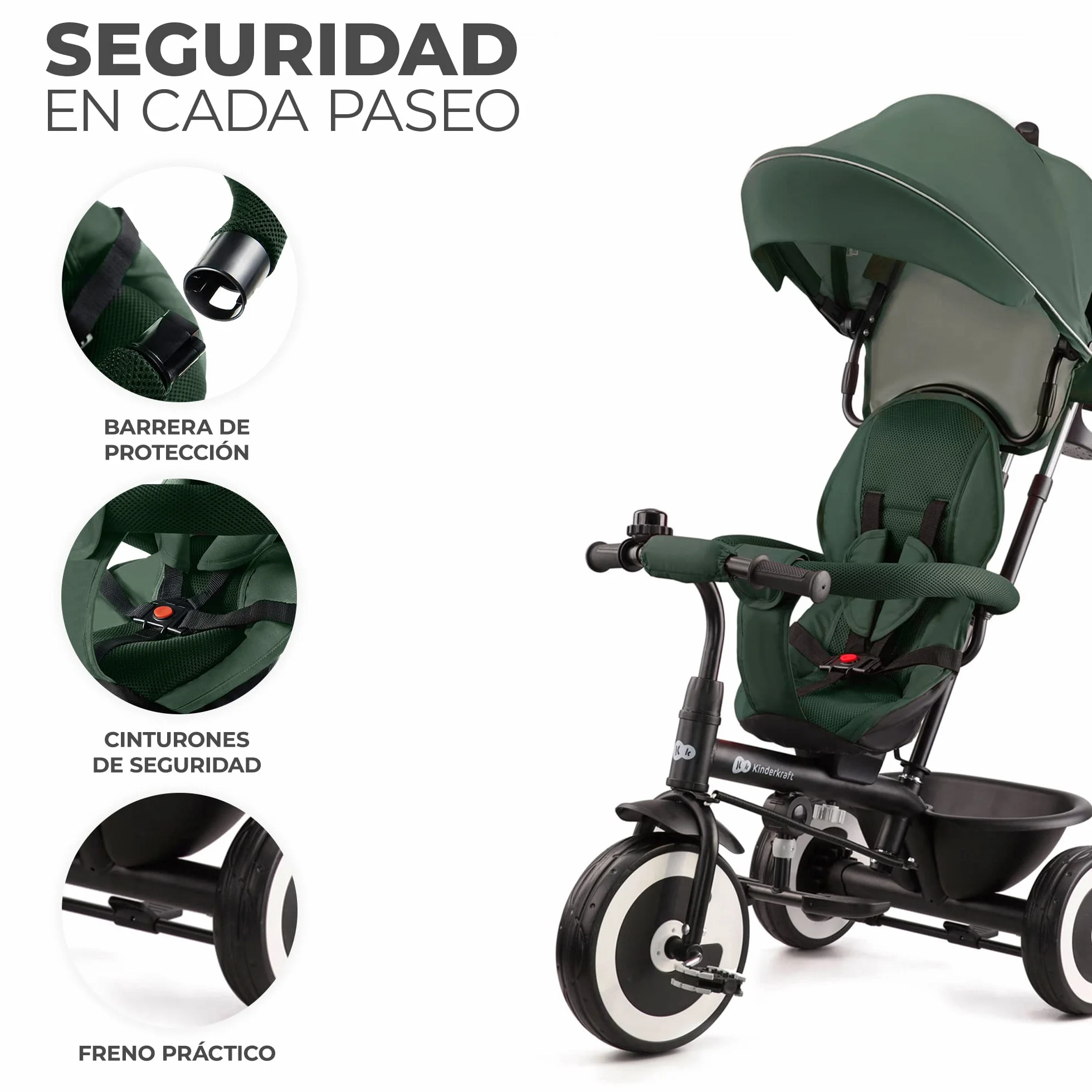 Kinderkraft Aston Triciclo Evolutivo, Bicicleta Sin Pedales, Bicicleta Bebe, para Niños, Cinturón, con Accesorios, Portavasos, Cesta, 9 Meses a 25 kg, Verde