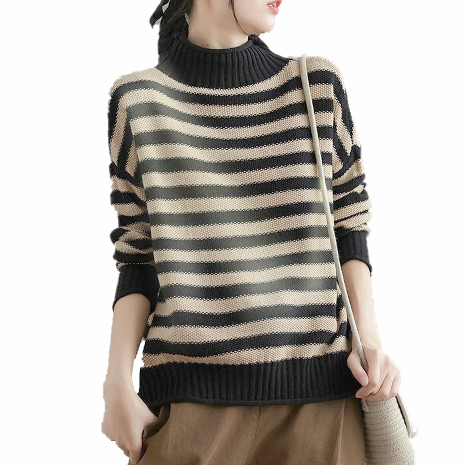 Suéter de Cuello Alto con Rayas Retro para Mujer, Suéter de Punto Naranja Casual Suelto (L)