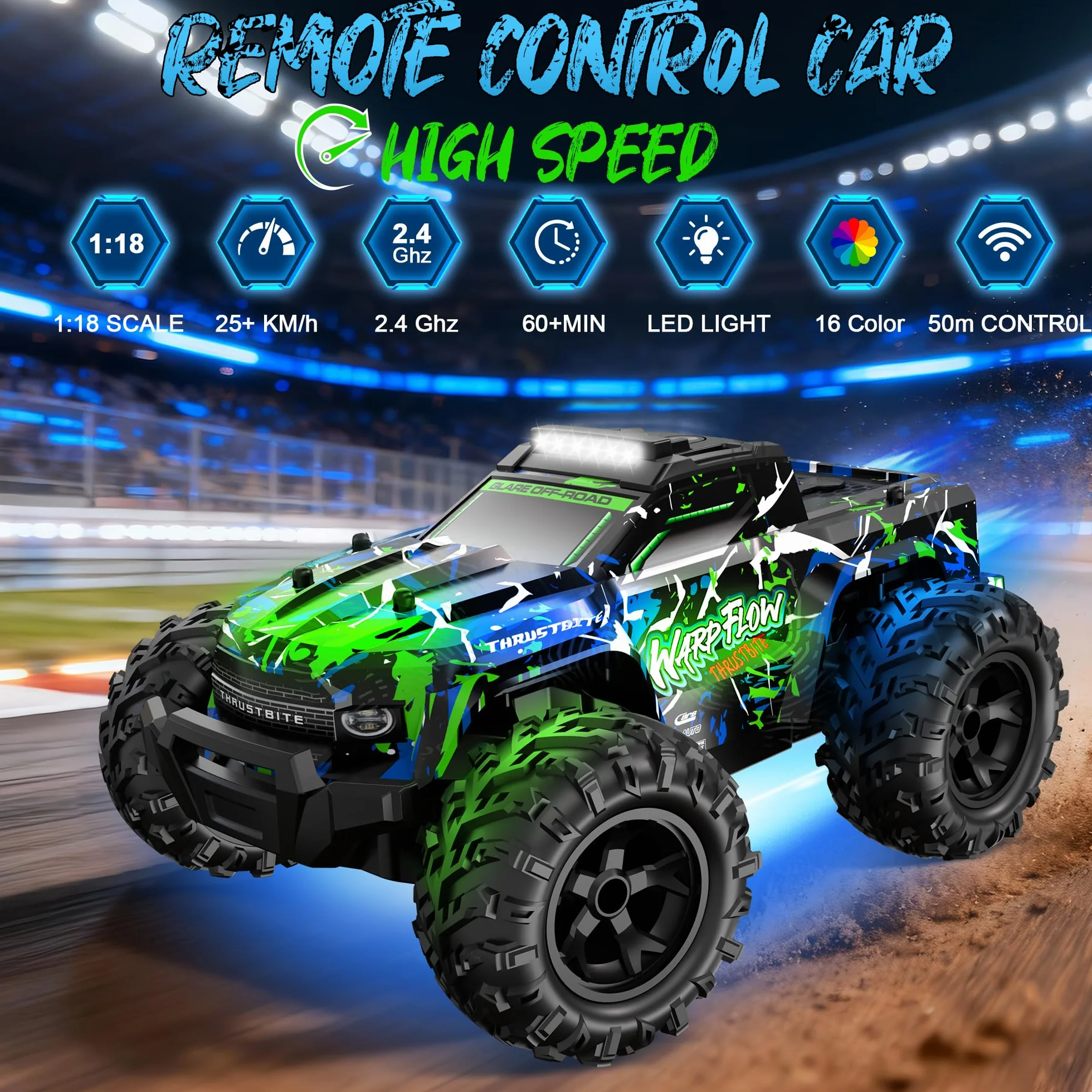 BAZADER Coche Teledirigido Coche RC - 1:18 Coches teledirigidos con Luces Led, 25 Km/H Remote Control Car con Pulverizador 2,4 GHz Todoterreno 2 Baterías Recargables 60min Play, para NiñOs Y Adultos