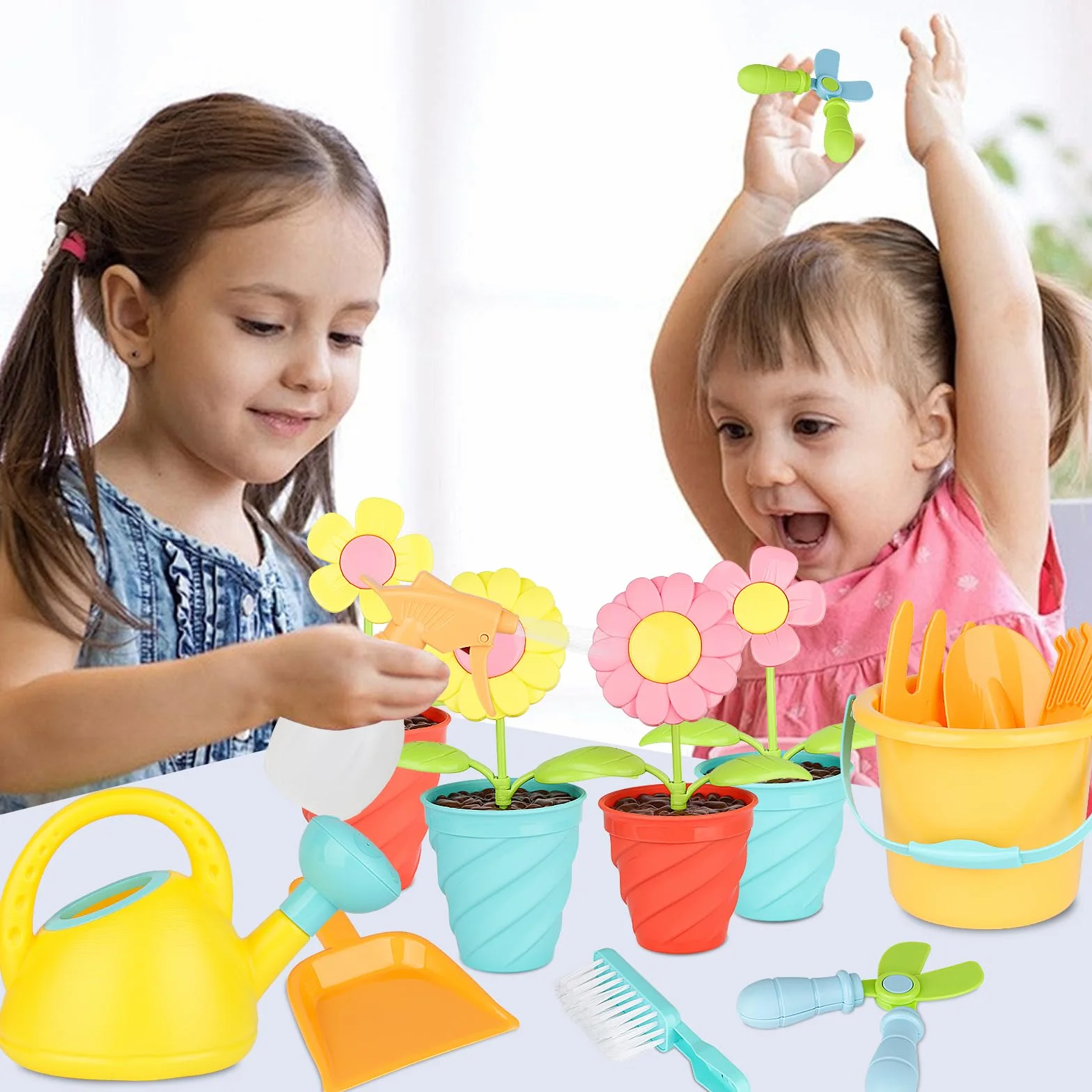 24 Piezas Herramientas de Jardín para Niños con Pegatinas, Juguetes de Jardín Niño, Regadera Pala Rastrillo, Juego de Juguetes de 2 Años