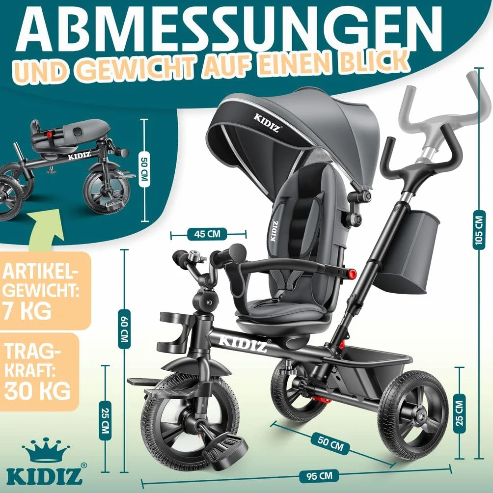 KIDIZ® Triciclo 5 en 1 para niños con barra de empuje sistema de dirección, barra para niños de 1 año, funciona en ambos sentidos: adelante e inverso, bolsa, cesta, soporte de la bebida