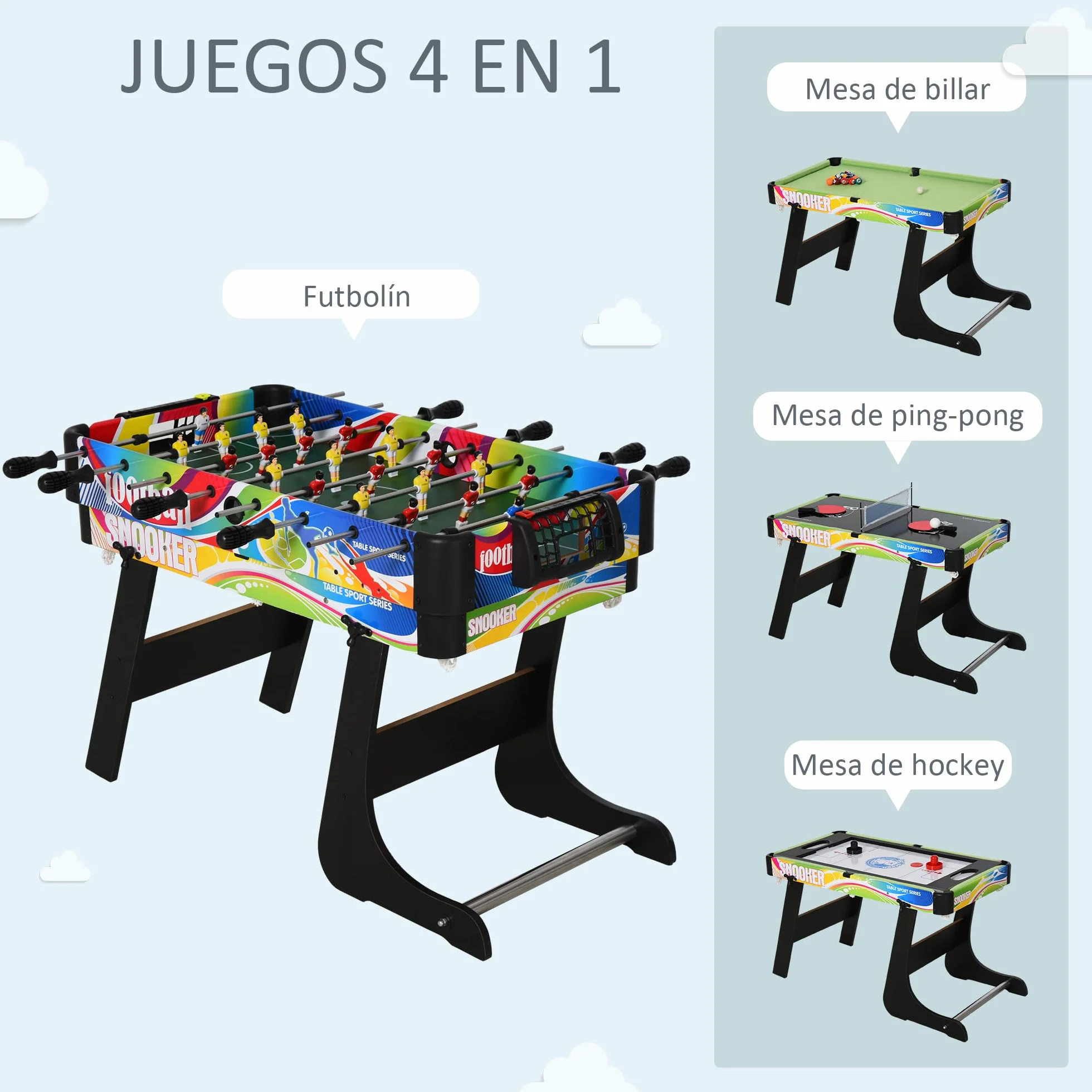 HOMCOM Mesa Multi Juegos Plegable 4 en 1 con Futbolín, Hockey, Billar y Ping-Pong, Mesa de Juegos de Sobremesa con Accesorios Incluidos, Diversión en Casa, 86,5x43,5x64 cm
